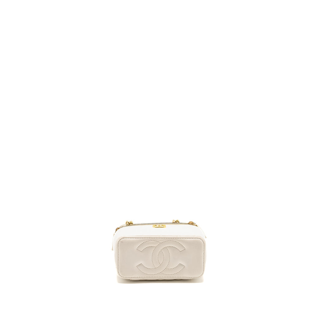 CHANEL LETTER/ CC LOGO CHAIN LONG VANITY CASE LAMBSKIN WHITE GHW (MICROCHIP)