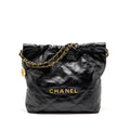 CHANEL SMALL 22 BAG GOLD LETTER SHINY CALFSKIN BLACK GHW (MICROCHIP)