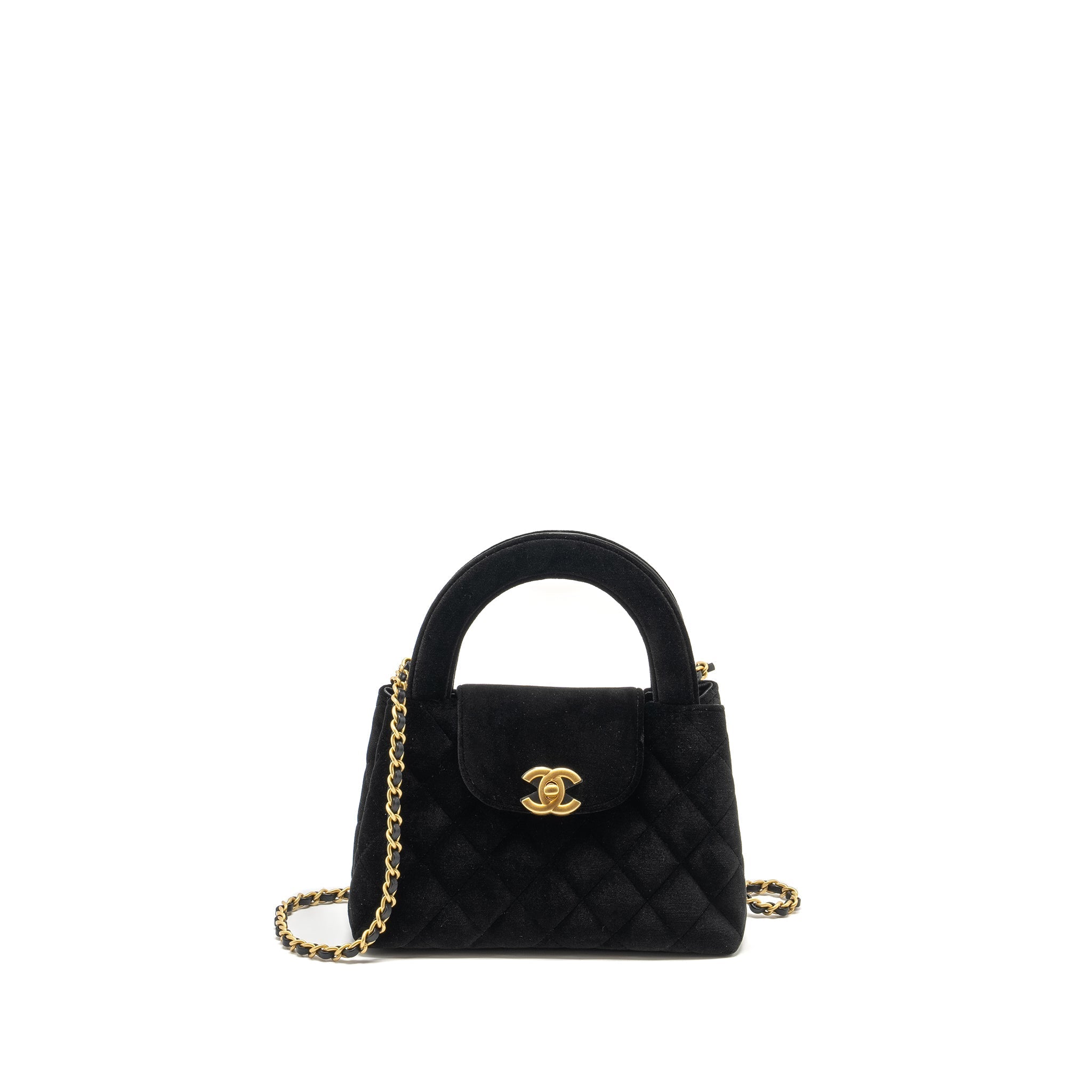 CHANEL 24A MINI SHOPPING TOTE/MINI KELLY VELVET BLACK GHW (MICROCHIP)