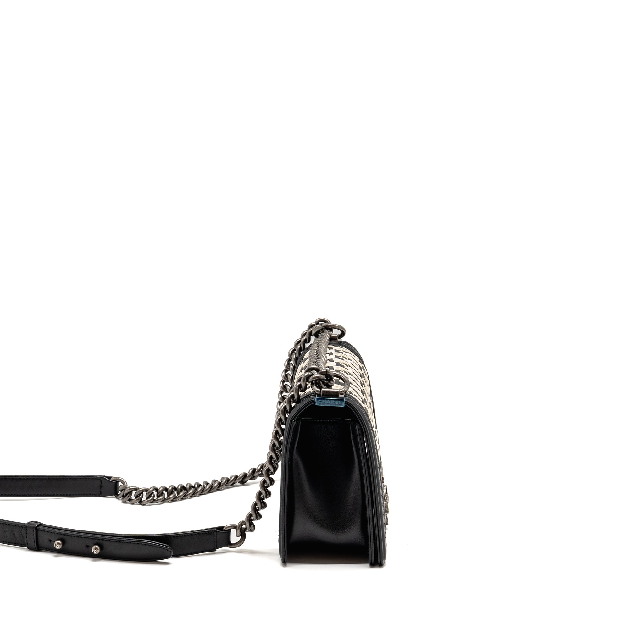 CHANEL MEDIUM BOY BAG WOVEN BLACK/WHITE RUTHENIUM HARDWARE