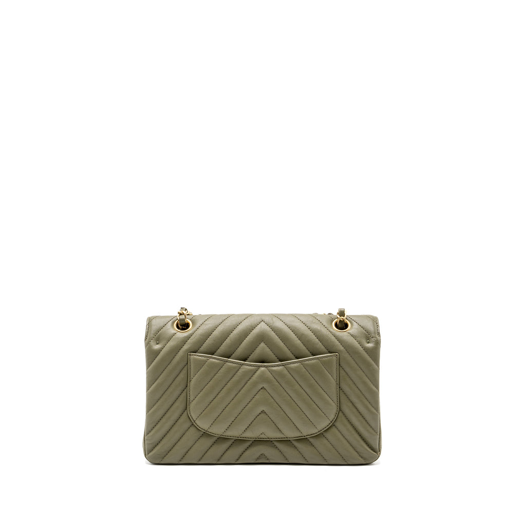 CHANEL MEDIUM CLASSIC DOUBLE FLAP BAG CHEVRON CALFSKIN GREEN GHW