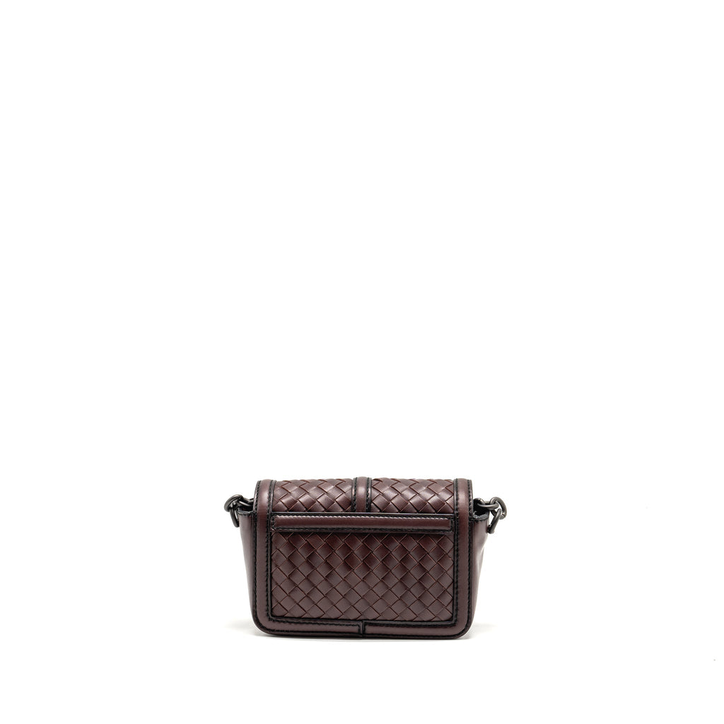 BOTTEGA VENETA MINI INTRECCIATO FLAP BAG LEATHER DARK BROWN WITH BLACK HARDWARE