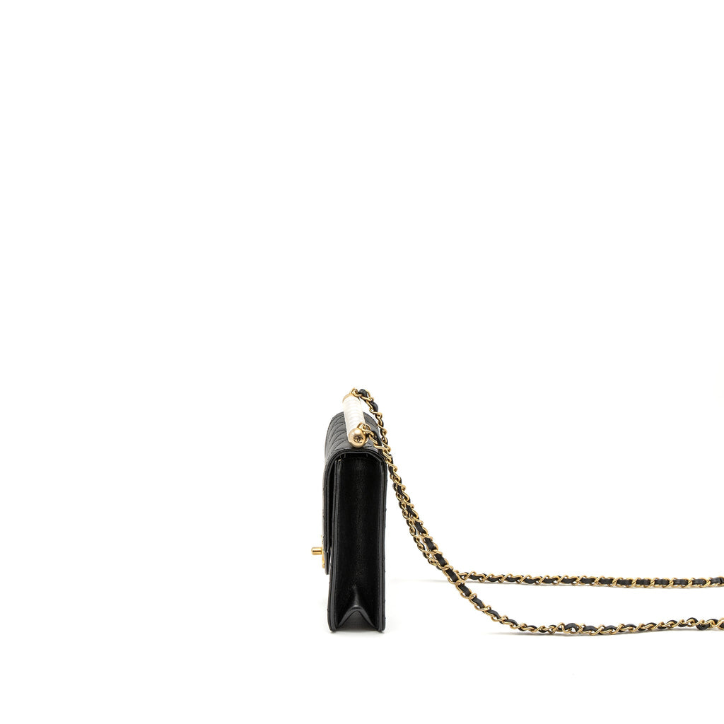 CHANEL SQUARE PEARL FLAP BAG LAMBSKIN BLACK BRUSHED GHW