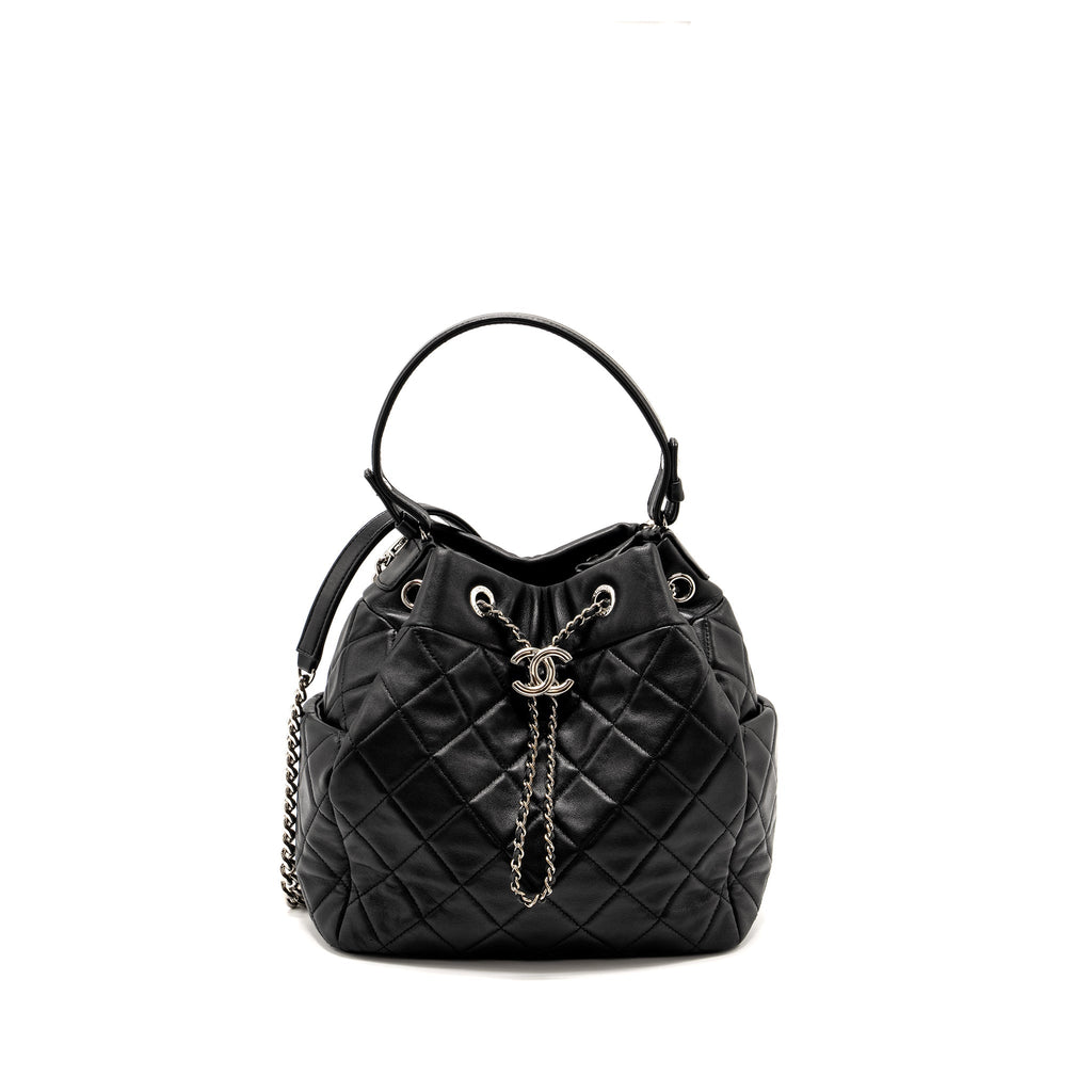 CHANEL CC CHAIN DRAWSTRING BUCKET BAG LAMBSKIN BLACK SHW
