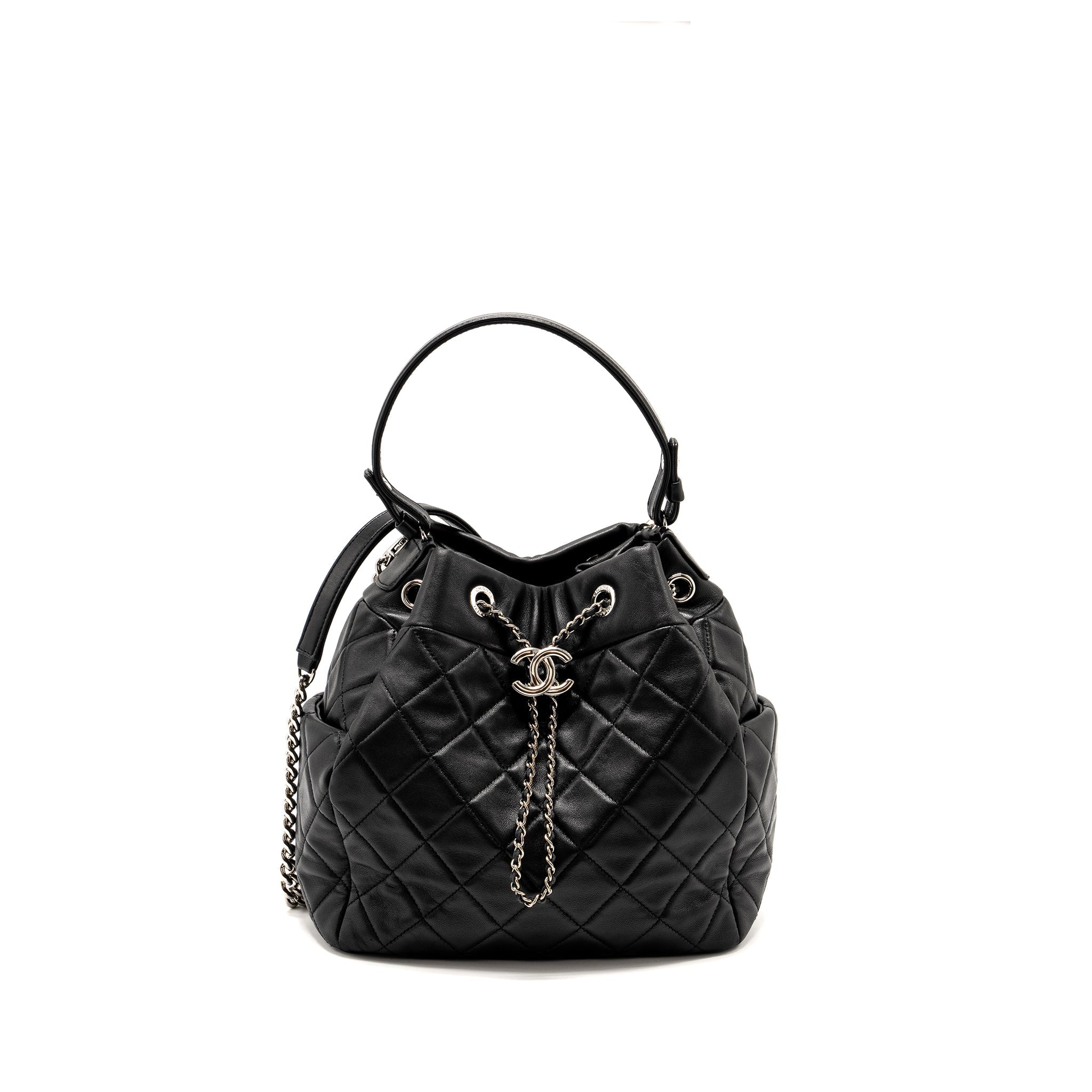 CHANEL CC CHAIN DRAWSTRING BUCKET BAG LAMBSKIN BLACK SHW