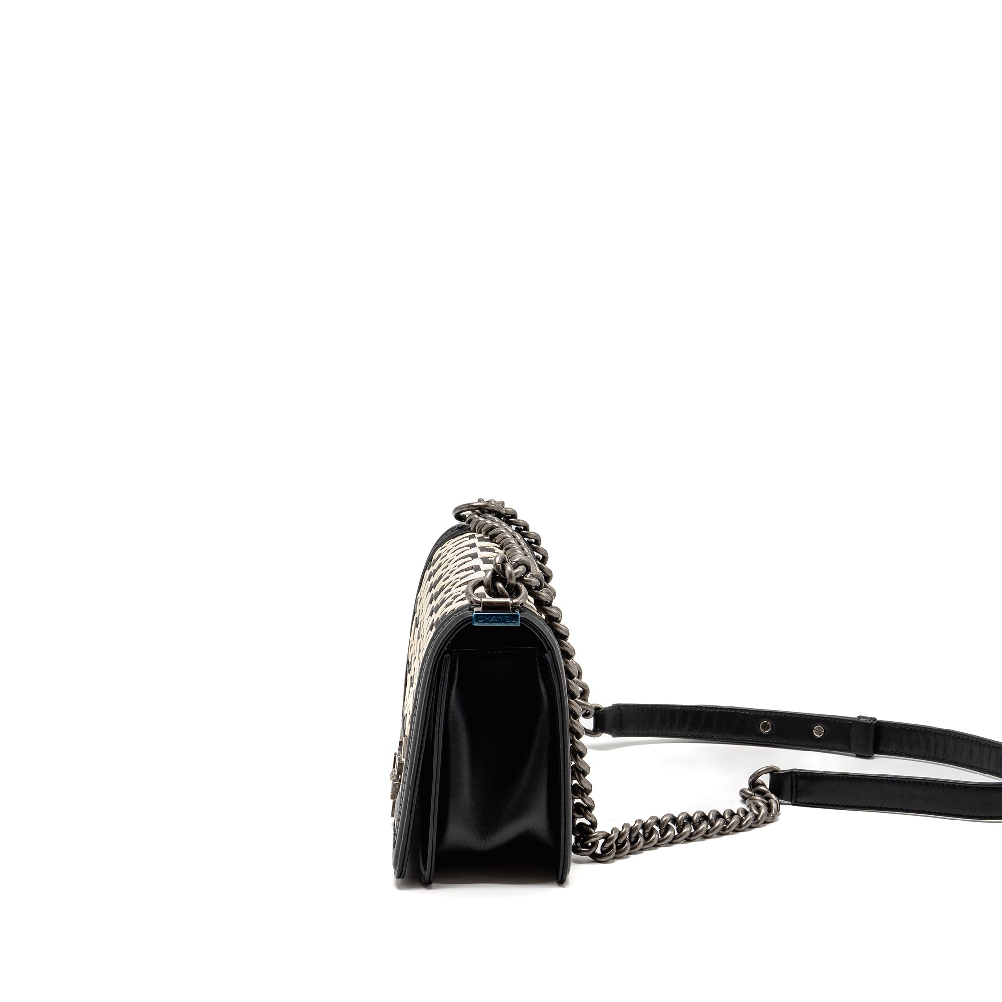 CHANEL MEDIUM BOY BAG WOVEN BLACK/WHITE RUTHENIUM HARDWARE