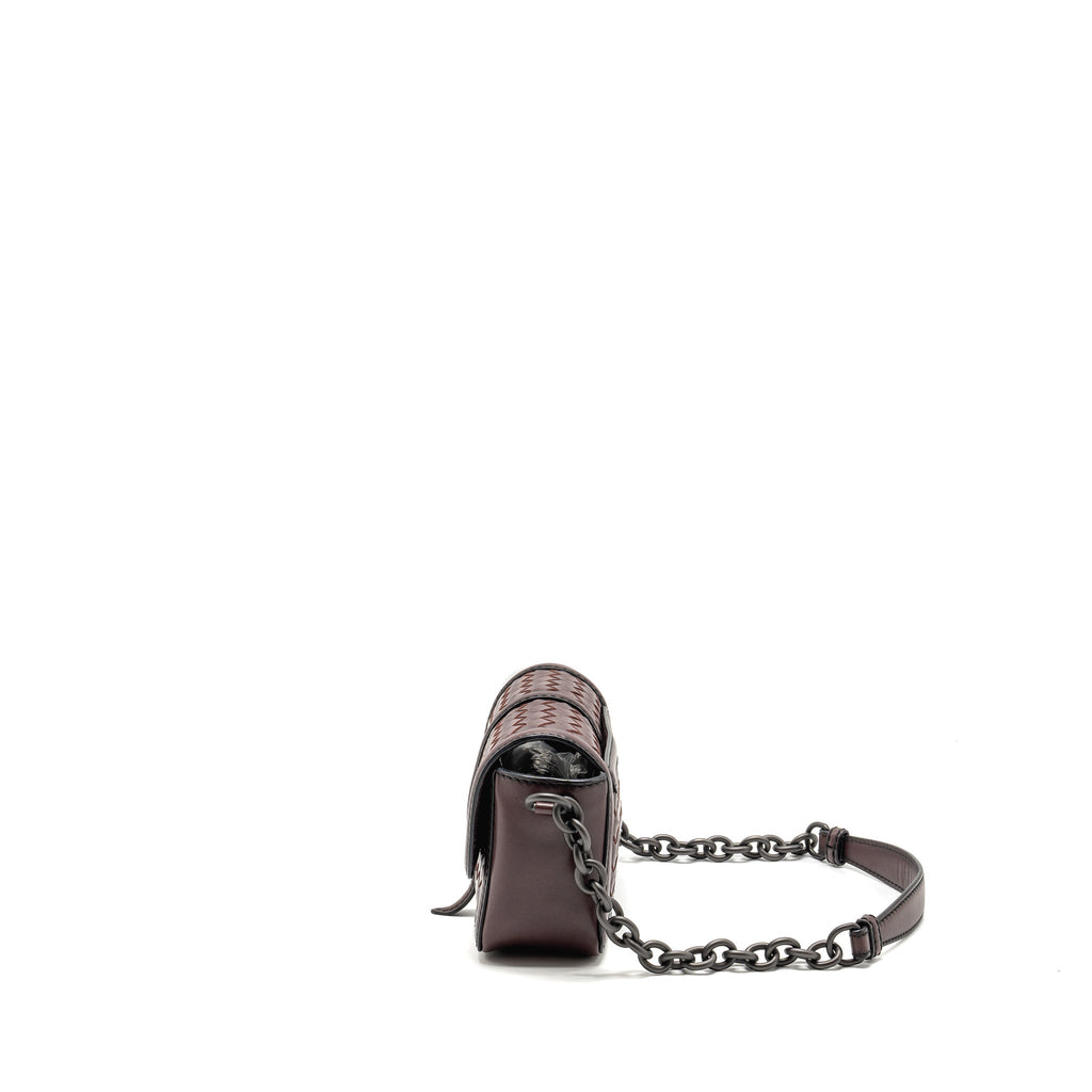BOTTEGA VENETA MINI INTRECCIATO FLAP BAG LEATHER DARK BROWN WITH BLACK HARDWARE