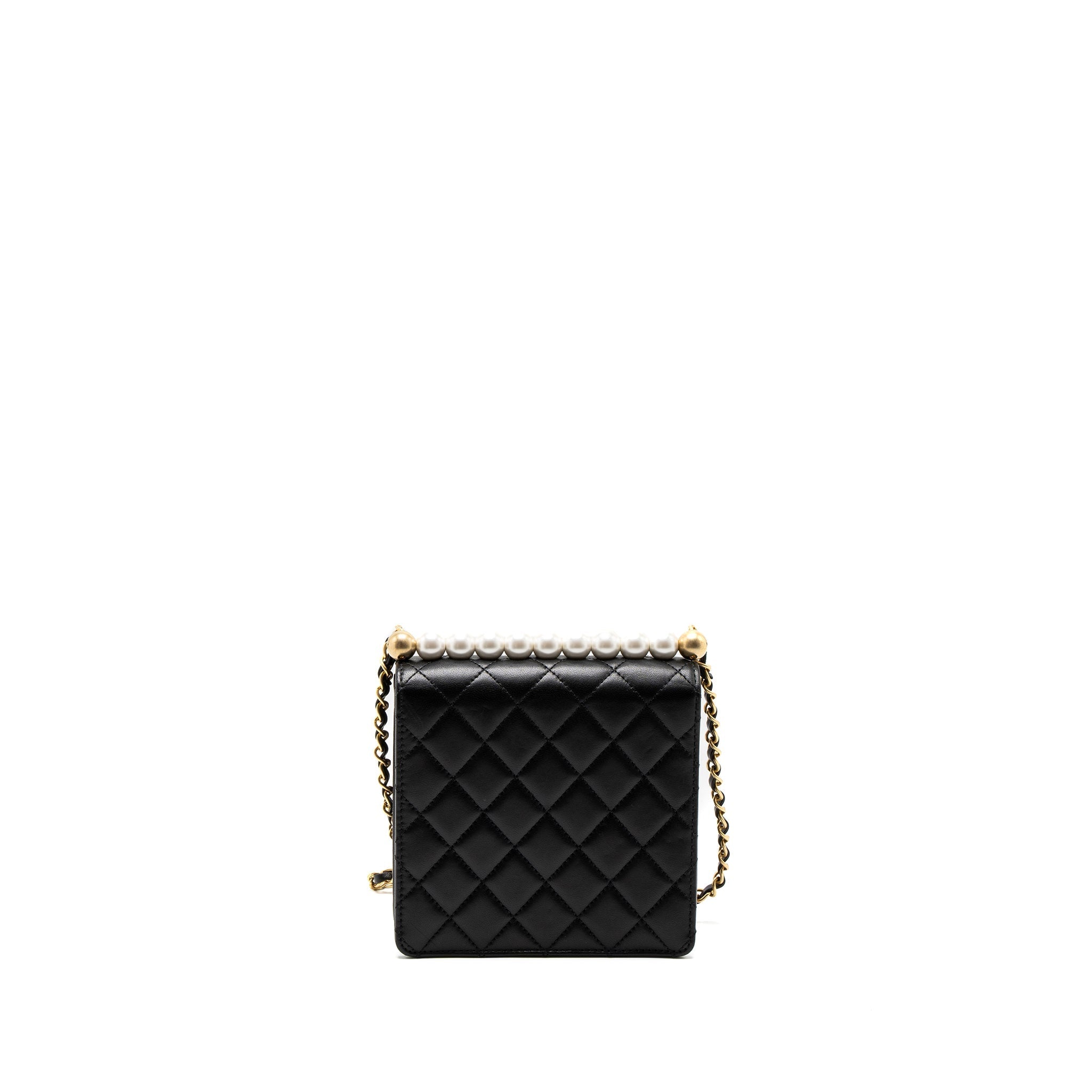 CHANEL SQUARE PEARL FLAP BAG LAMBSKIN BLACK BRUSHED GHW