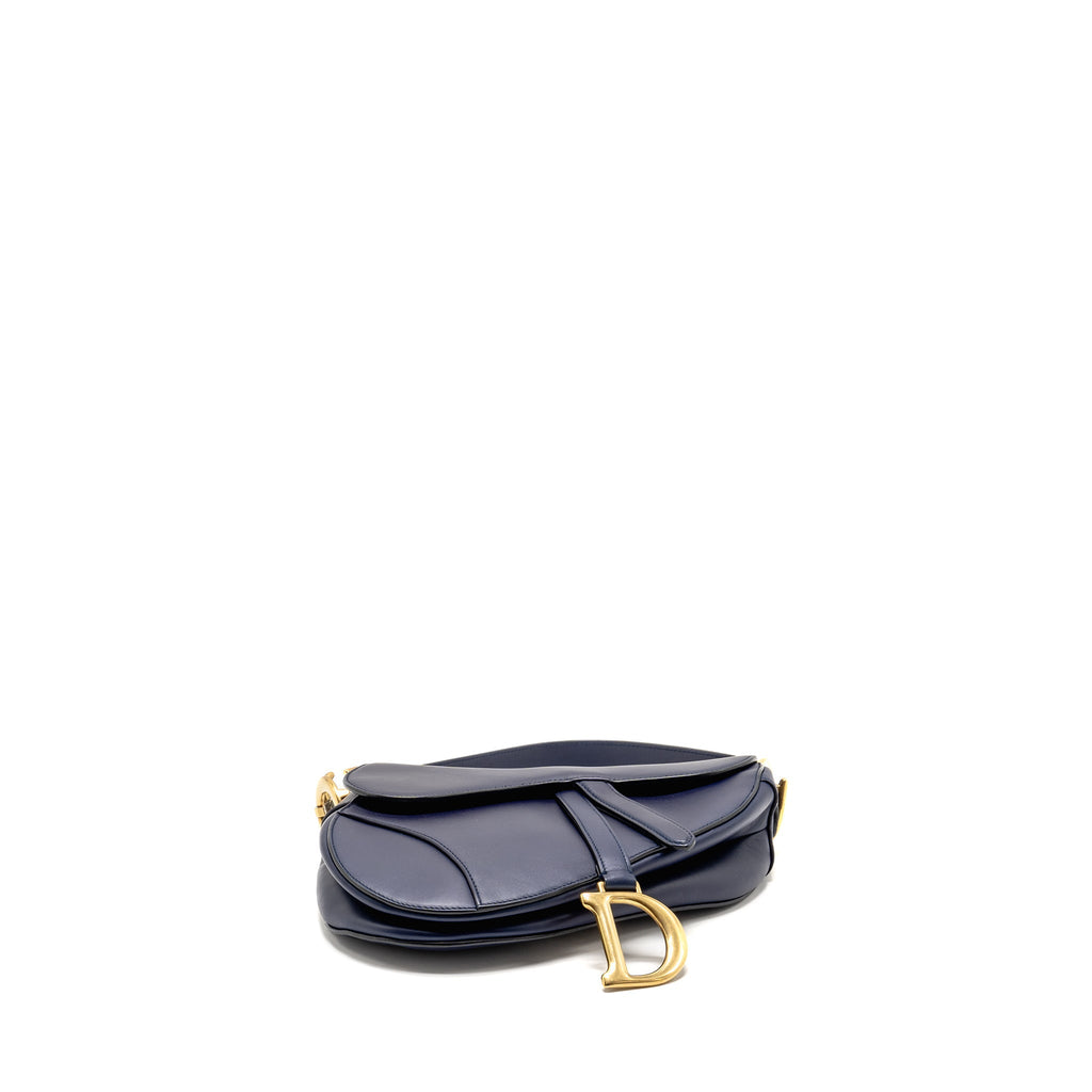 DIOR MEDIUM SADDLE BAG CALFSKIN NAVY GHW WITH BLACK OBLIQUE STRAP