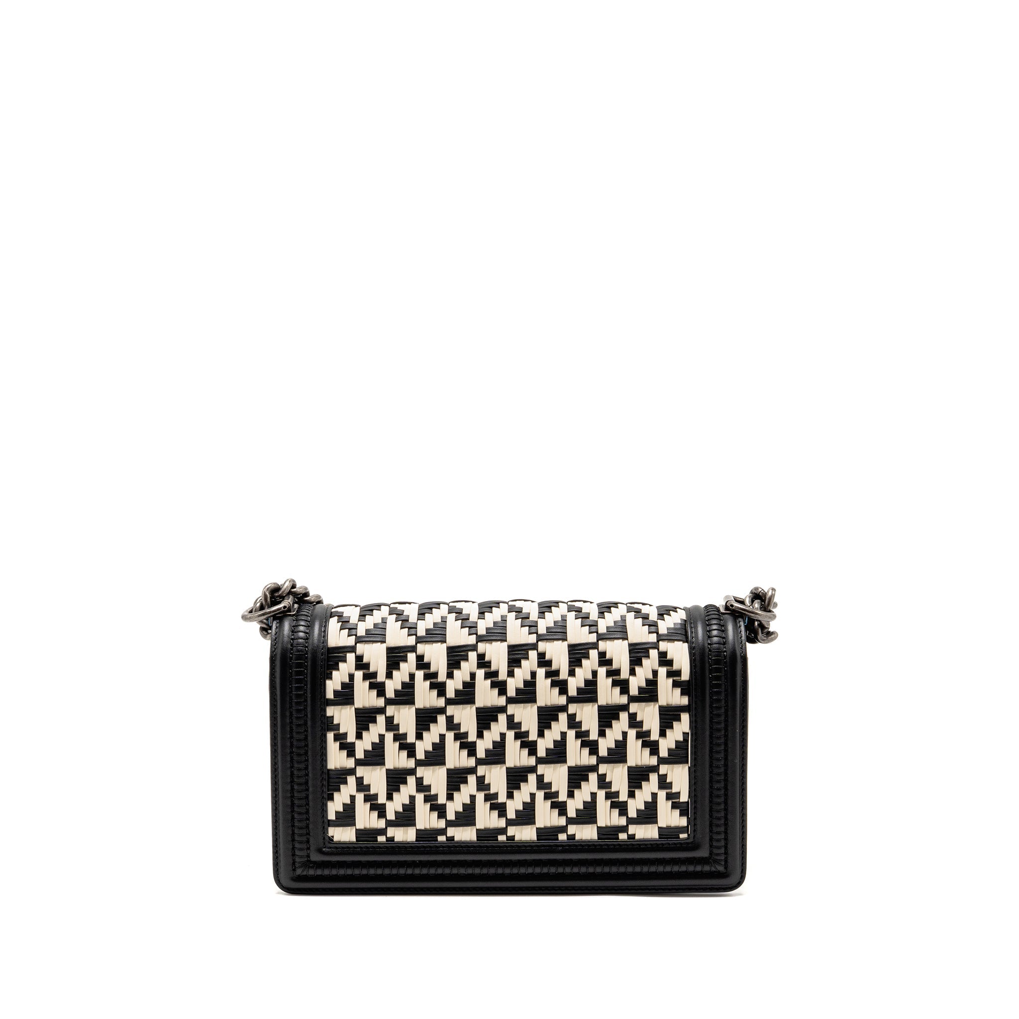 CHANEL MEDIUM BOY BAG WOVEN BLACK/WHITE RUTHENIUM HARDWARE