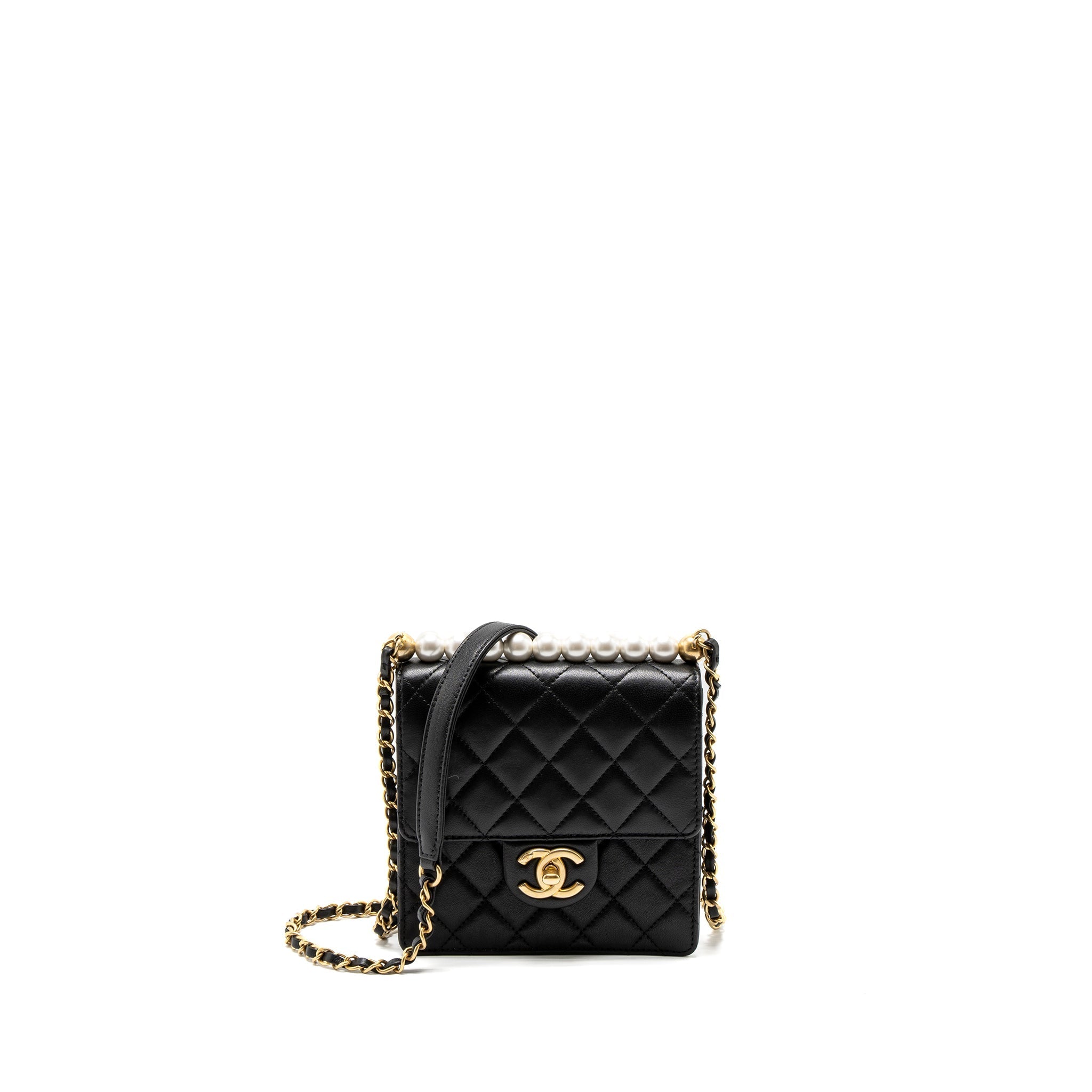 CHANEL SQUARE PEARL FLAP BAG LAMBSKIN BLACK BRUSHED GHW