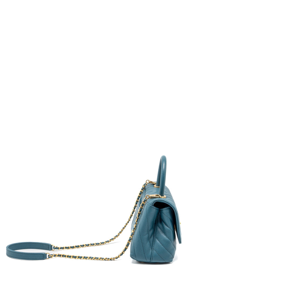 CHANEL SMALL COCO HANDLE CHEVRON CAVIAR GREEN BRUSHED GHW