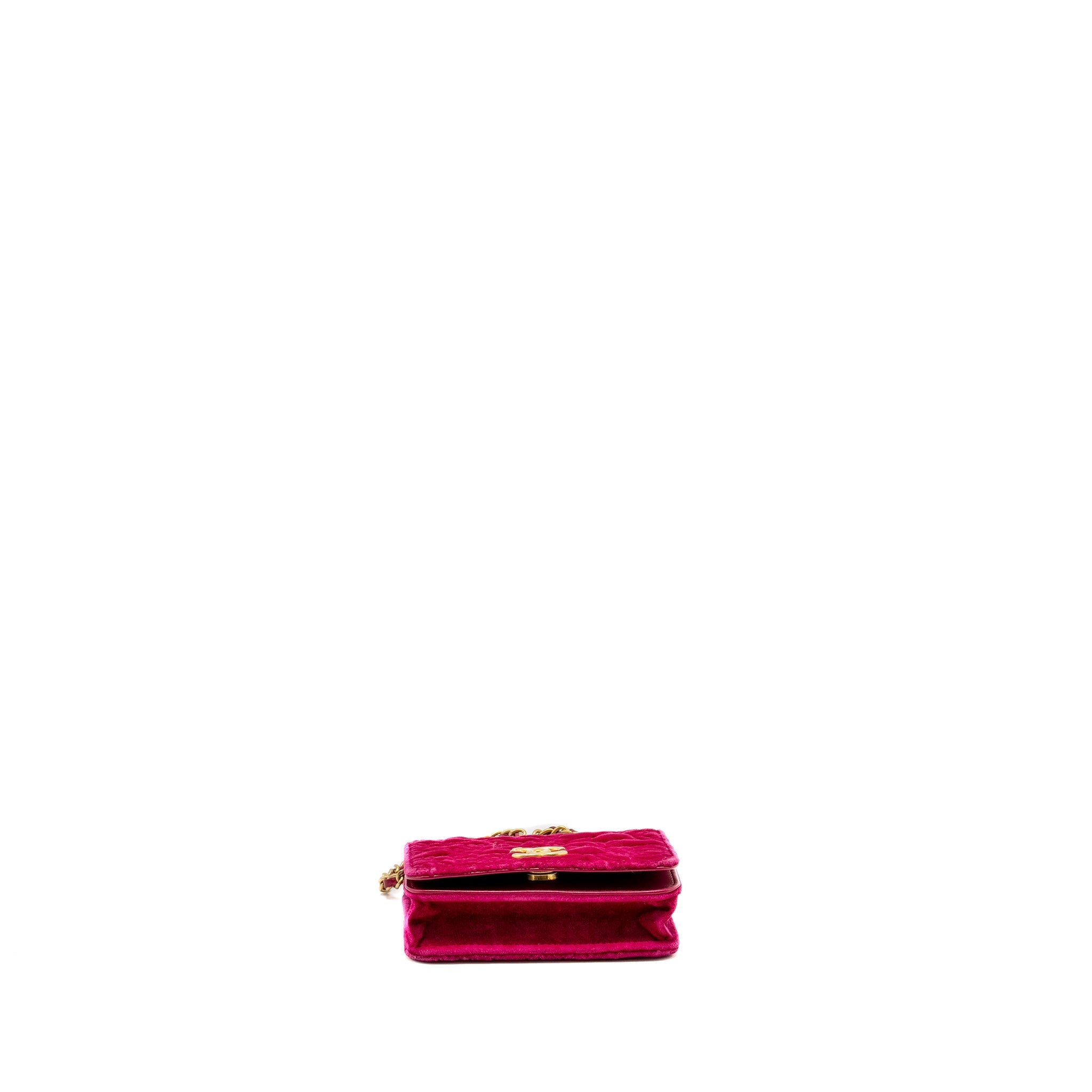 CHANEL 21A MINI CAMELIA FLAP BAG VELVET FUSHIA GHW