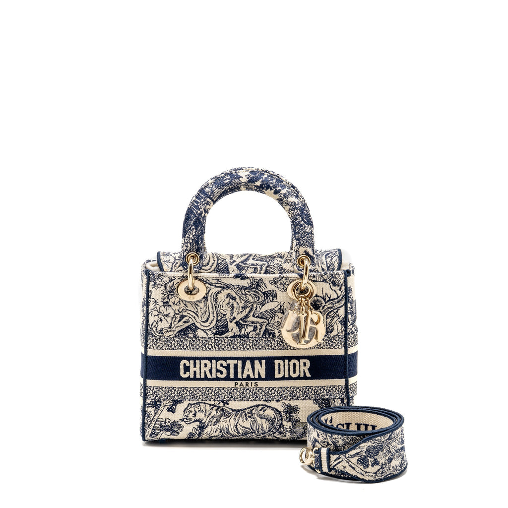DIOR MEDIUM LADY D-LITE BAG TOILE DE JOUY EMBROIDERY BLUE LGHW