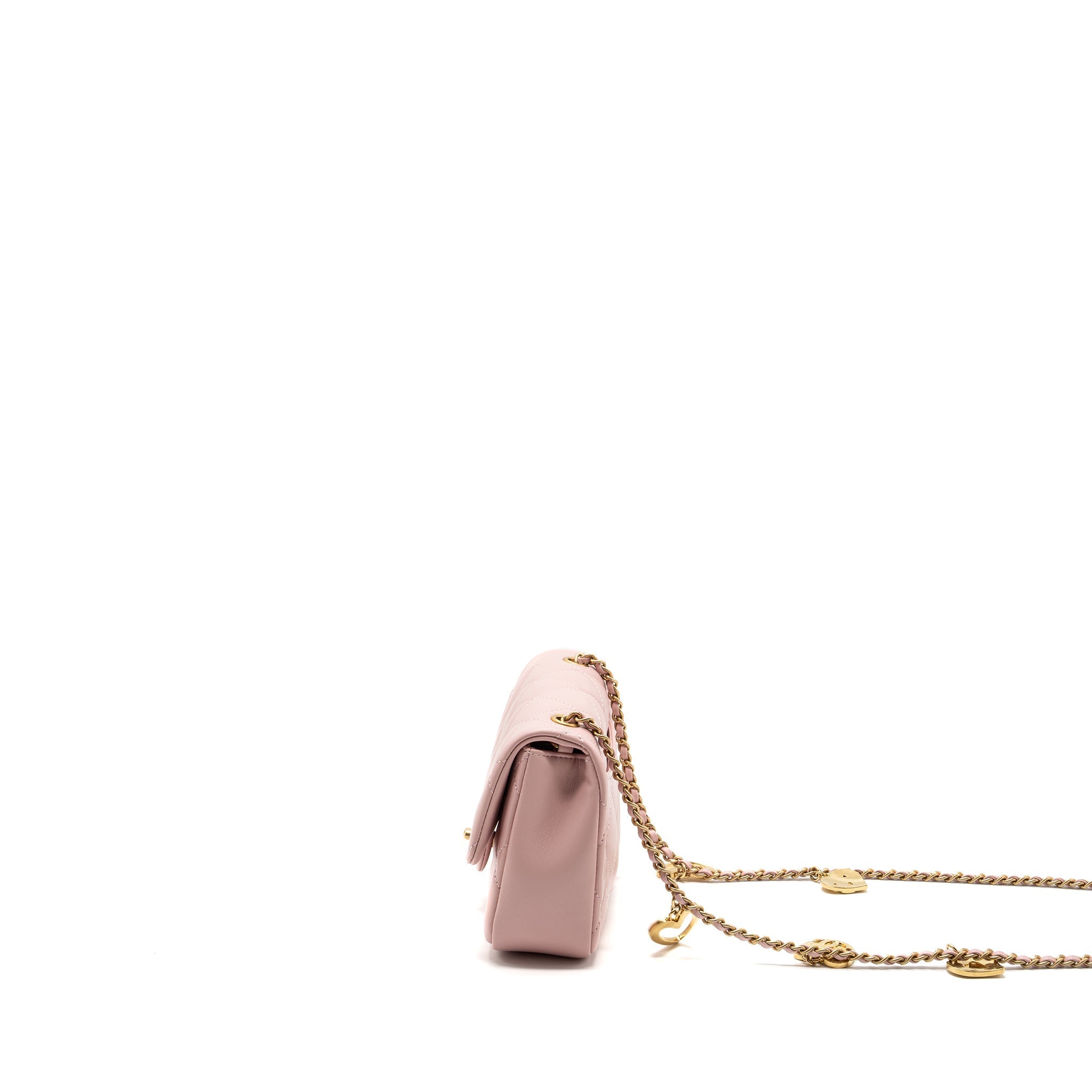 CHANEL QUILTED FLAP BAG WITH HEART CHARM ON CHAIN LAMBSKIN LIGHT PINK GHW (MICROCHIP)