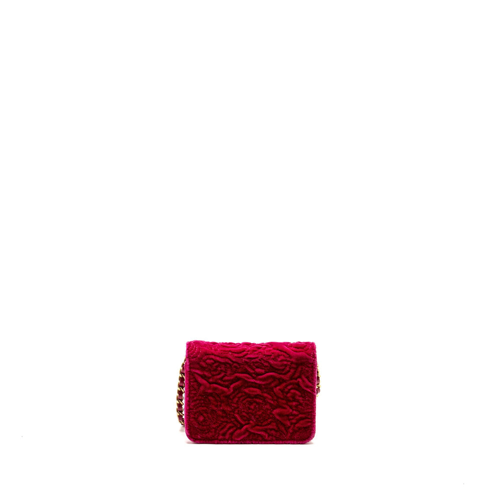 CHANEL 21A MINI CAMELIA FLAP BAG VELVET FUSHIA GHW