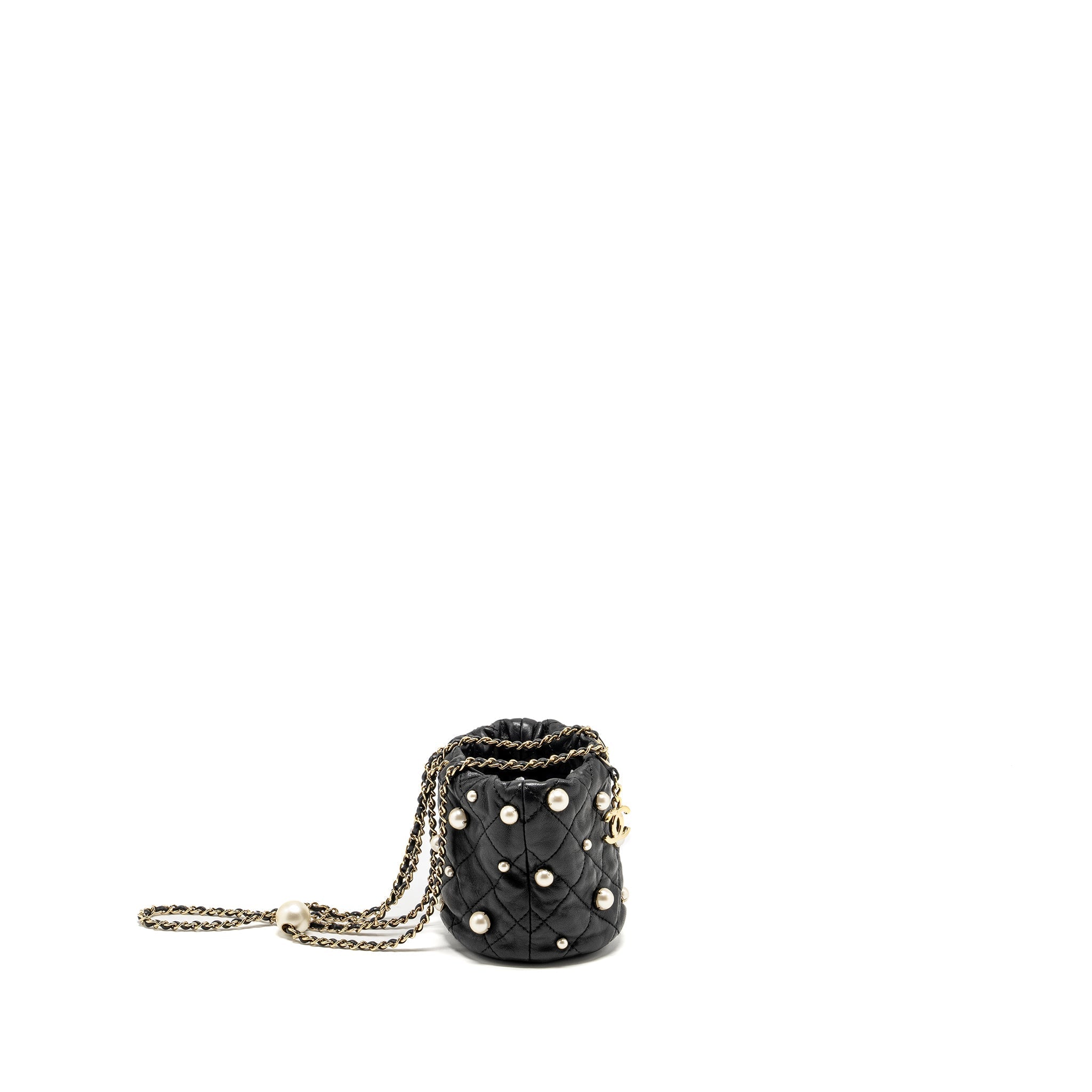 CHANEL 21S QUILTED MINI ABOUT PEARLS BUCKET BAG LAMBSKIN BLACK LGHW
