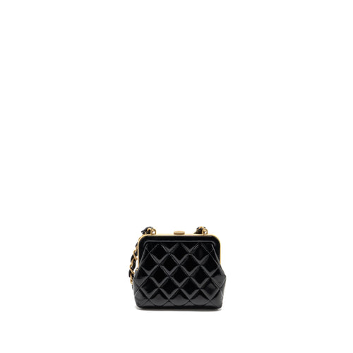 CHANEL 24A BOW KNOT CLUTCH WITH CHAIN PATENT CRUMPLED LAMBSKIN / SHINY LAMBSKIN BLACK / PINK GHW (MICROCHIP)