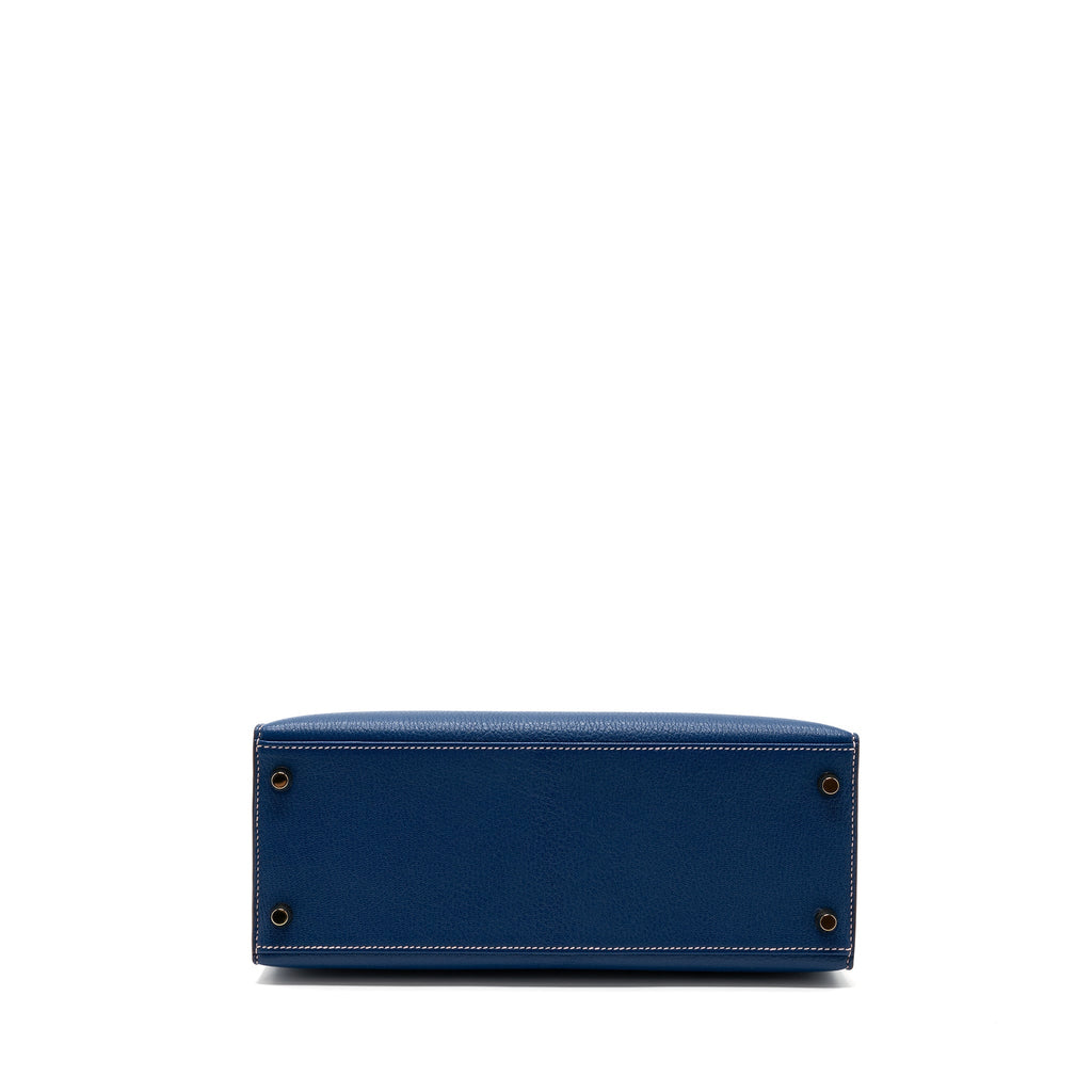HERMES KELLY 28 SPECIAL ORDER CHEVRE MYSORE BLUE SAPPHIRE / ROSE SAKURA BRUSHED GHW