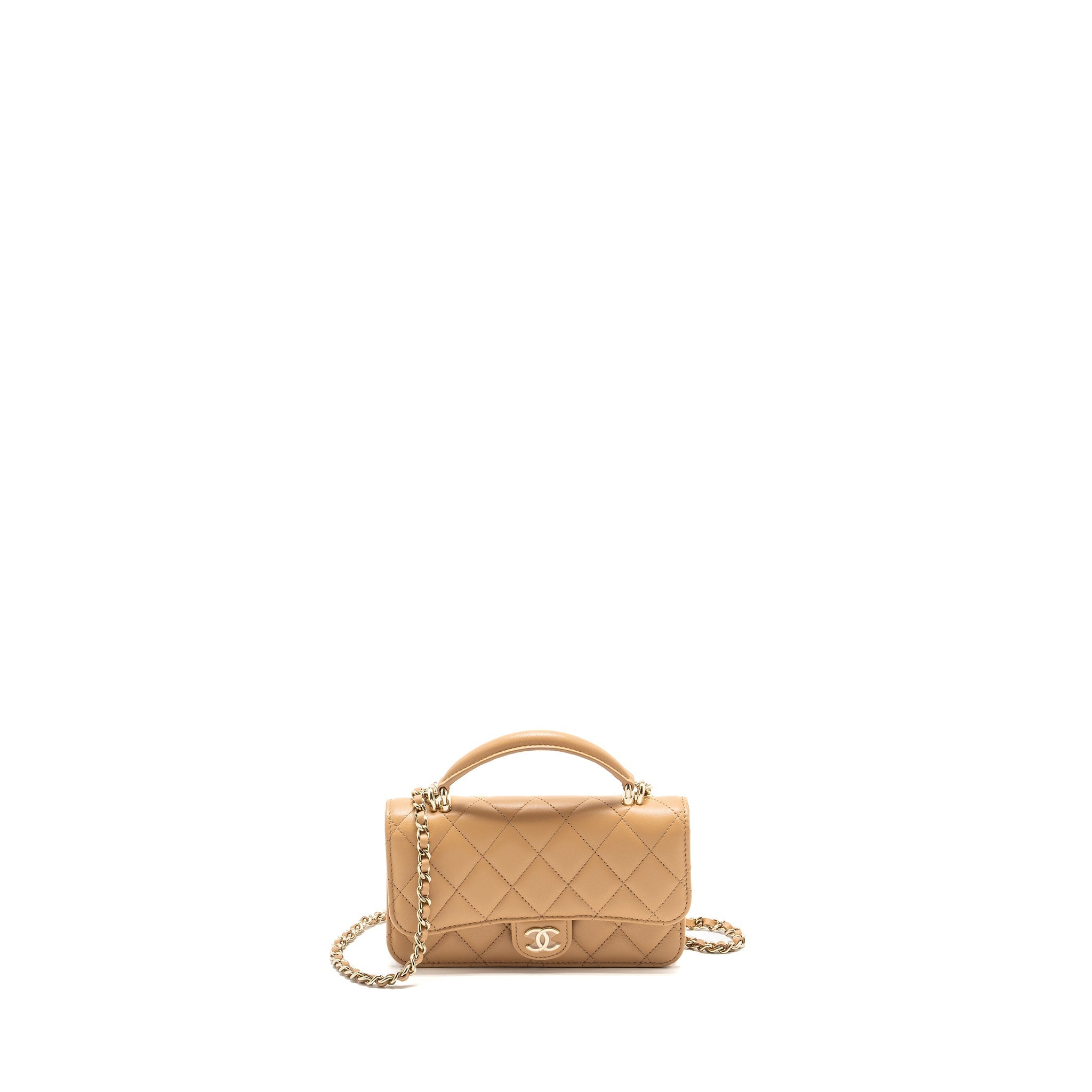 CHANEL TOP HANDLE MINI FLAP CLUTCH LAMBSKIN BEIGE LGHW (MICROCHIP)