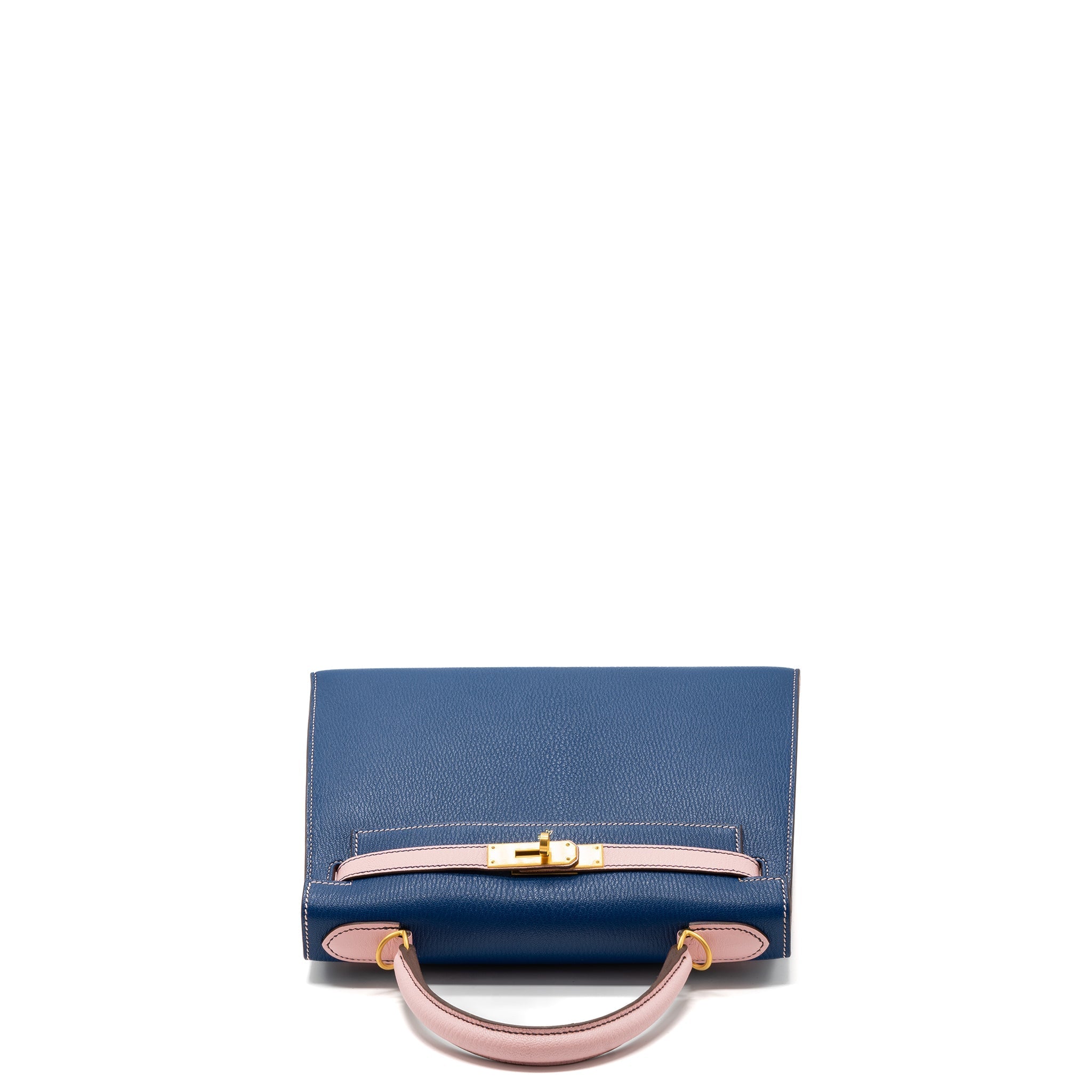 HERMES KELLY 28 SPECIAL ORDER CHEVRE MYSORE BLUE SAPPHIRE / ROSE SAKURA BRUSHED GHW