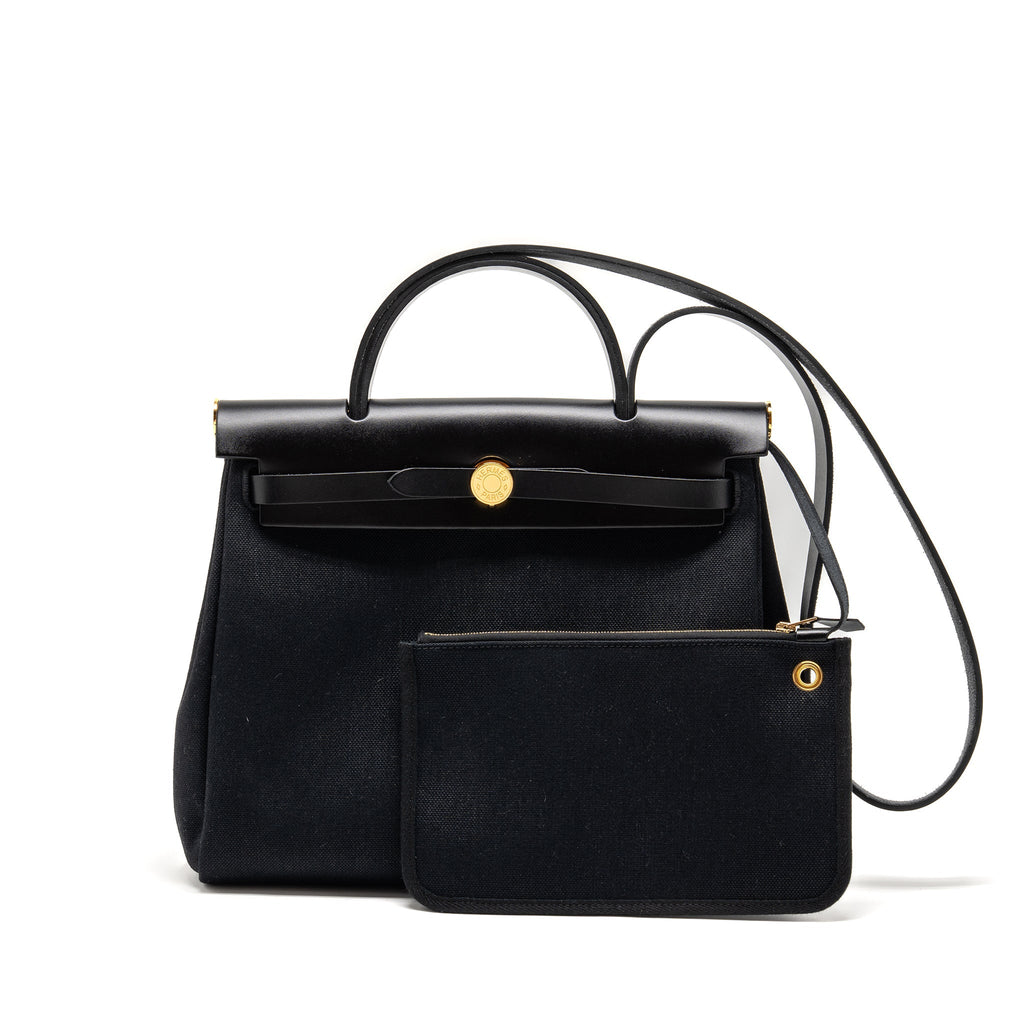 HERMES HERBAG 31 ZIP BAG CANVAS/ HUNTER LEATHER BLACK GHW