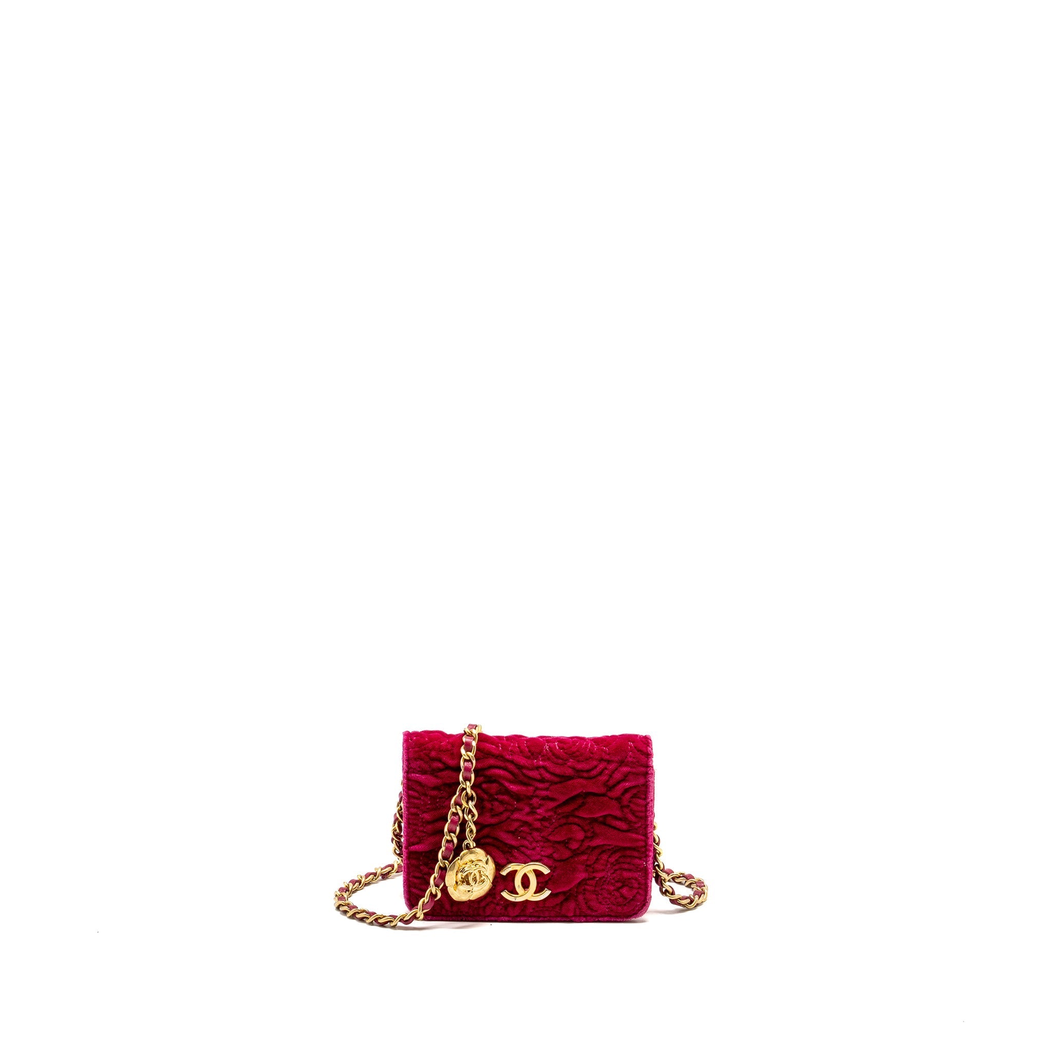 CHANEL 21A MINI CAMELIA FLAP BAG VELVET FUSHIA GHW
