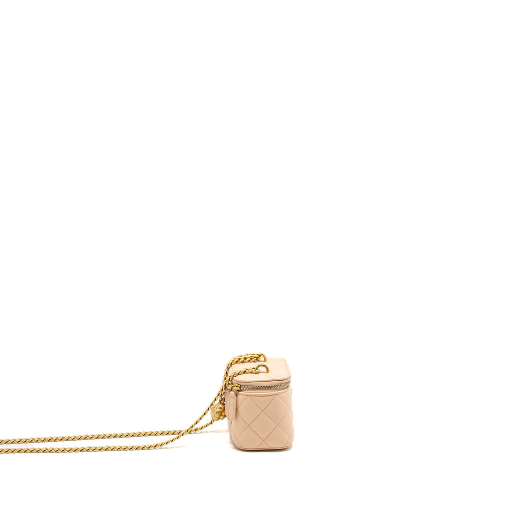 CHANEL MINI VANITY CASE WITH CAMELLIA ADJUSTABLE CHAIN LAMBSKIN BEIGE GHW (MICROCHIP)