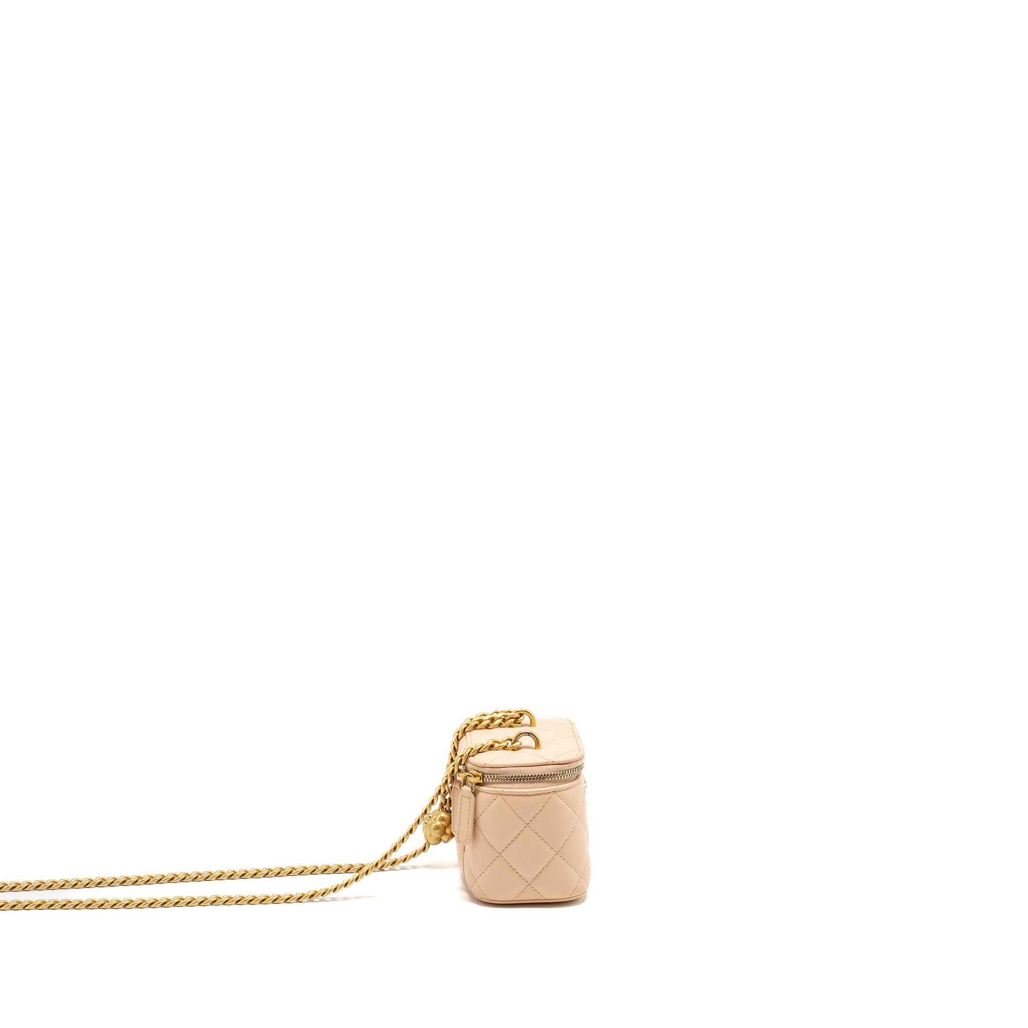 CHANEL MINI VANITY CASE WITH CAMELLIA ADJUSTABLE CHAIN LAMBSKIN BEIGE GHW (MICROCHIP)