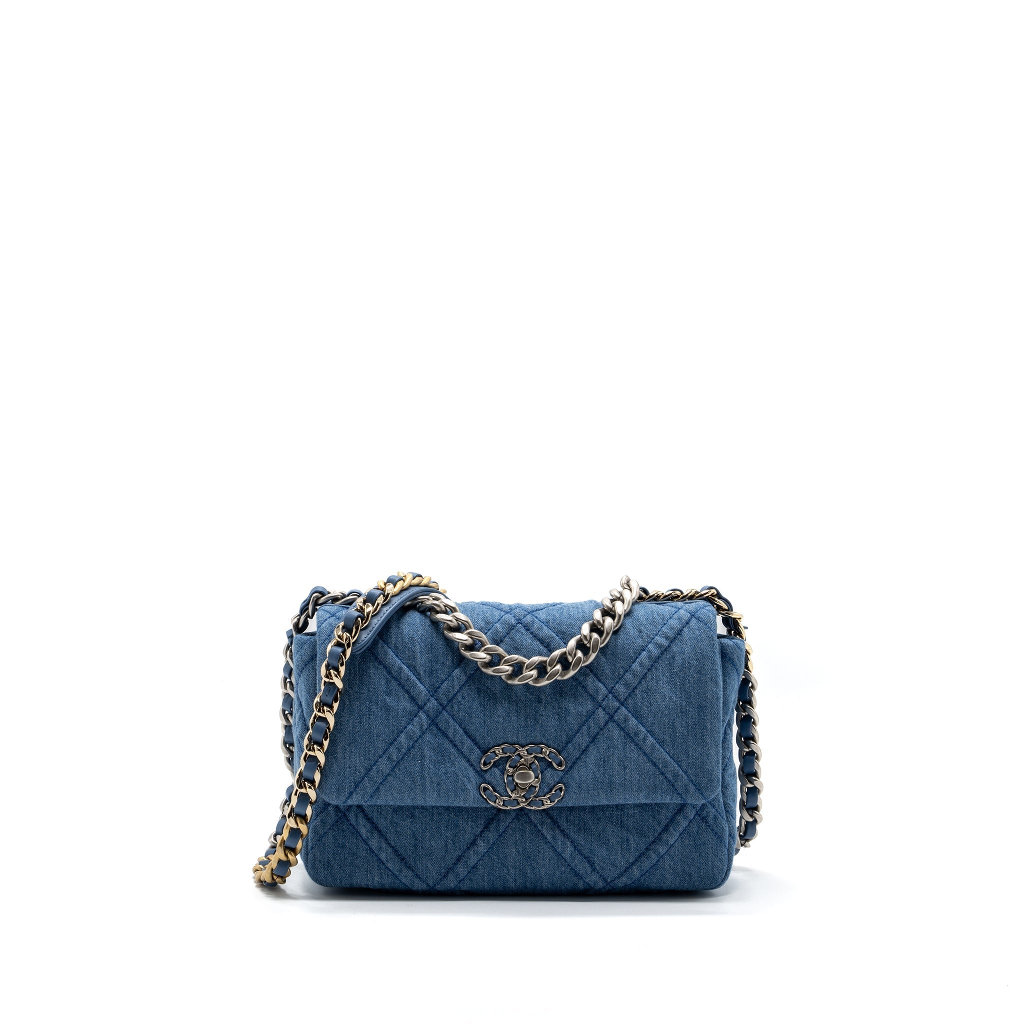 CHANEL SMALL 19 BAG BLUE DENIM MULTICOLOUR HARDWARE (MICROCHIP)