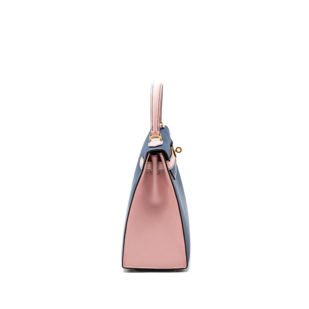 HERMES KELLY 28 SPECIAL ORDER CHEVRE MYSORE BLUE SAPPHIRE / ROSE SAKURA BRUSHED GHW