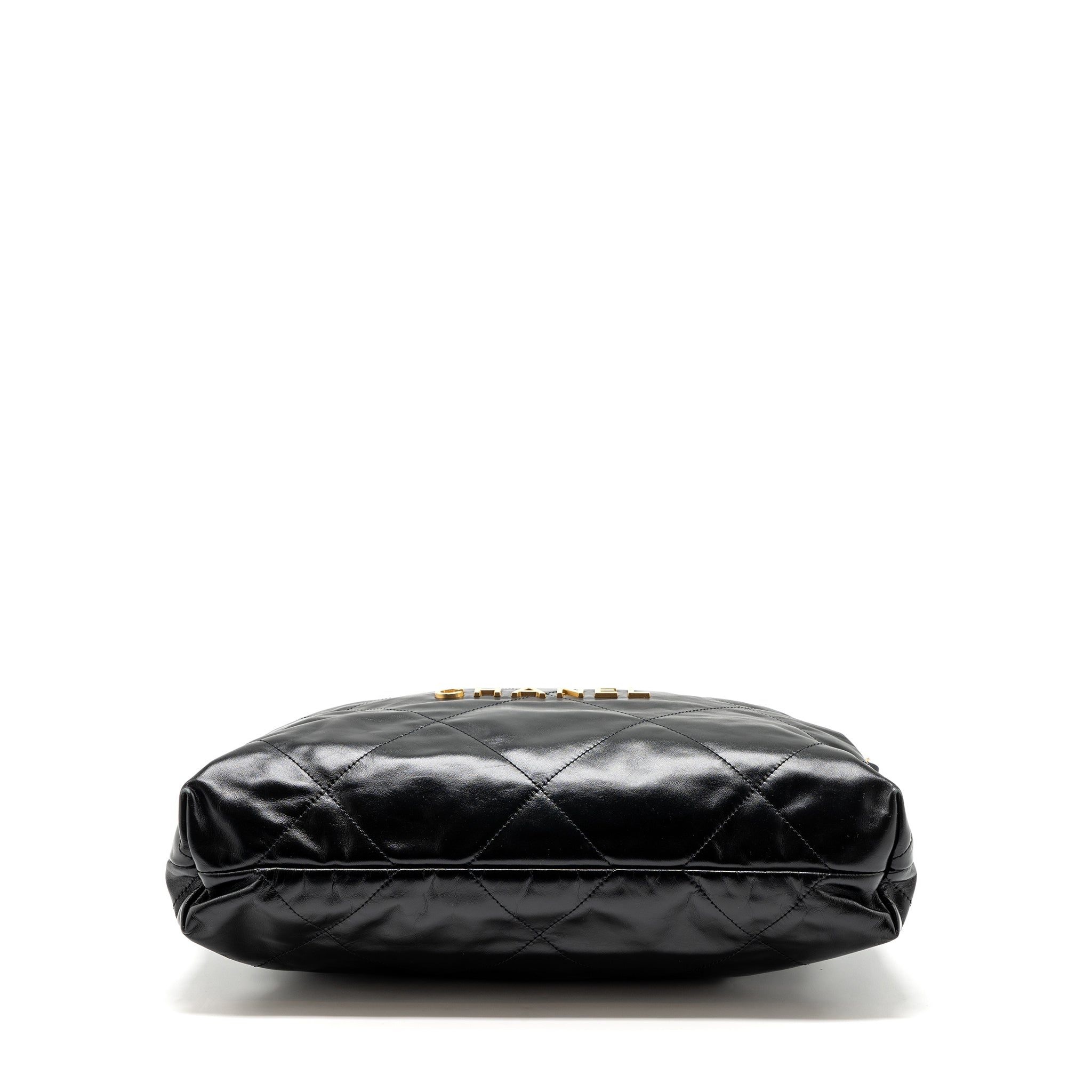 CHANEL MEDIUM 22 BAG GOLD LETTER SHINY CALFSKIN BLACK GHW (MICROCHIP)