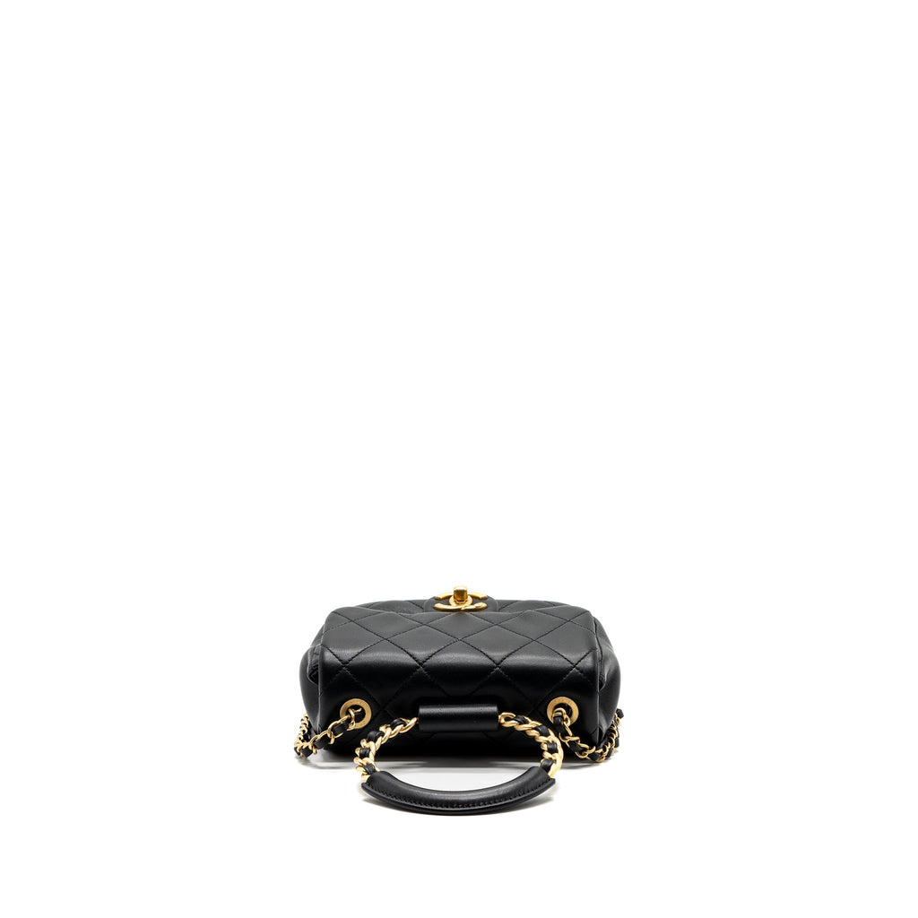 CHANEL CIRCULAR HANDLE QUILTED FLAP BAG LAMBSKIN BLACK BRUSHED GHW