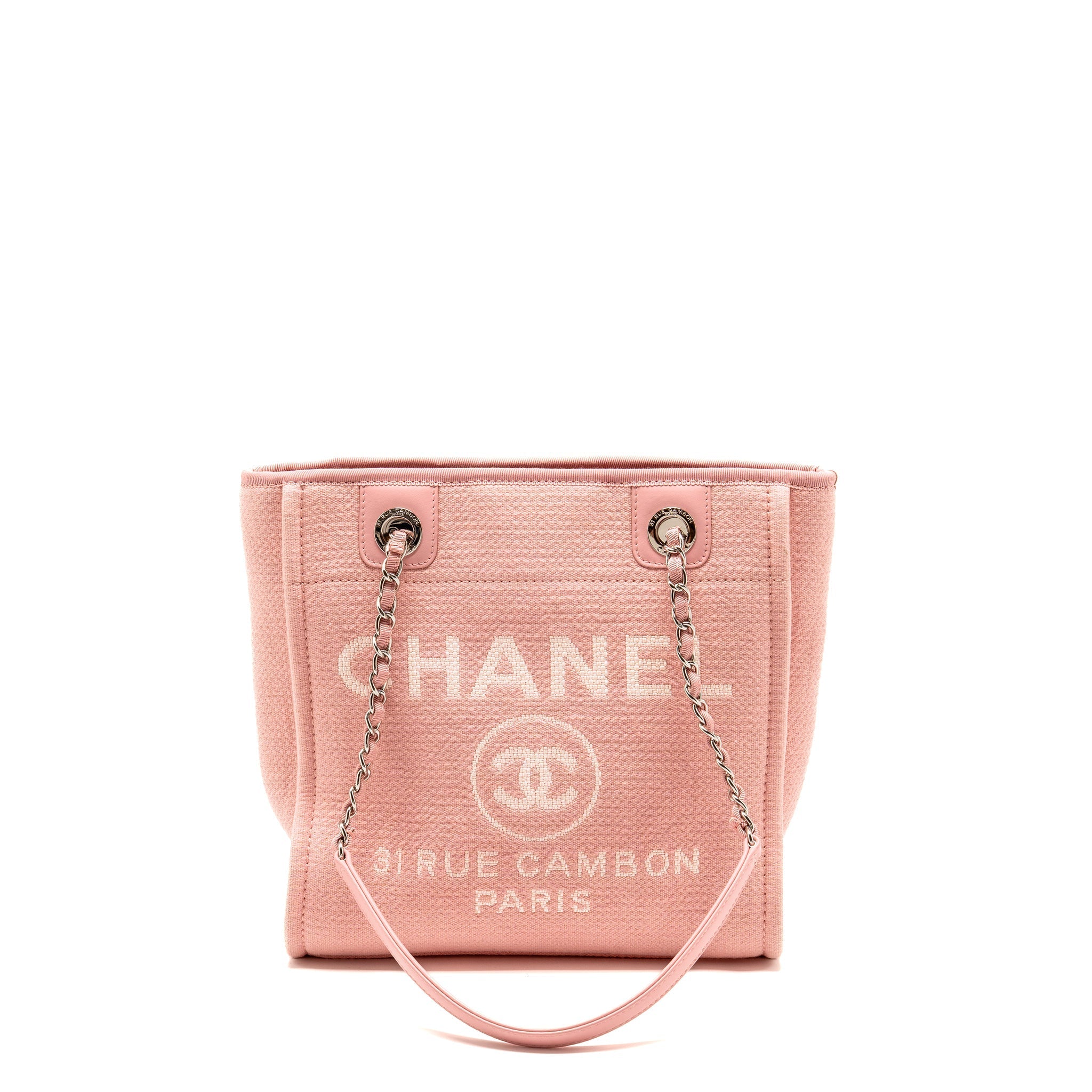 CHANEL DEAUVILLE PM TOTE BAG CANVAS PINK SHW (MICROCHIP)