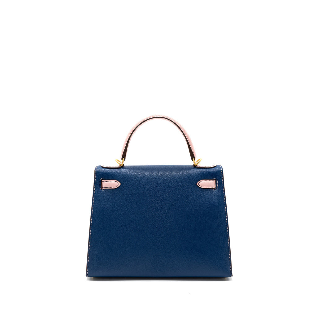 HERMES KELLY 28 SPECIAL ORDER CHEVRE MYSORE BLUE SAPPHIRE / ROSE SAKURA BRUSHED GHW
