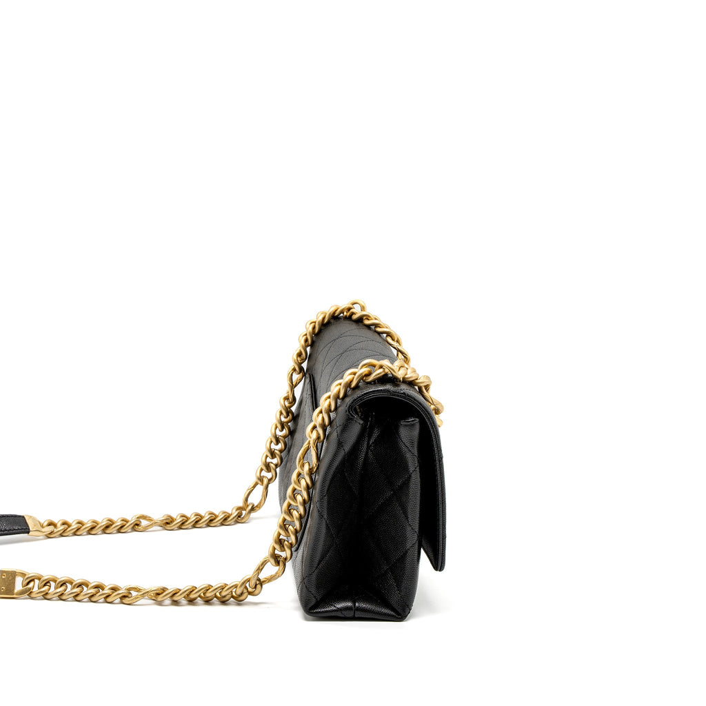 CHANEL FLAP BAG WITH DETAIL CHAIN GRAINED CALFSKIN BLACK BRUSHED GHW (MICROCHIP)