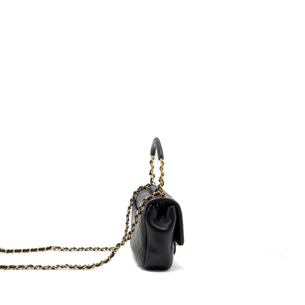 CHANEL CIRCULAR HANDLE QUILTED FLAP BAG LAMBSKIN BLACK BRUSHED GHW