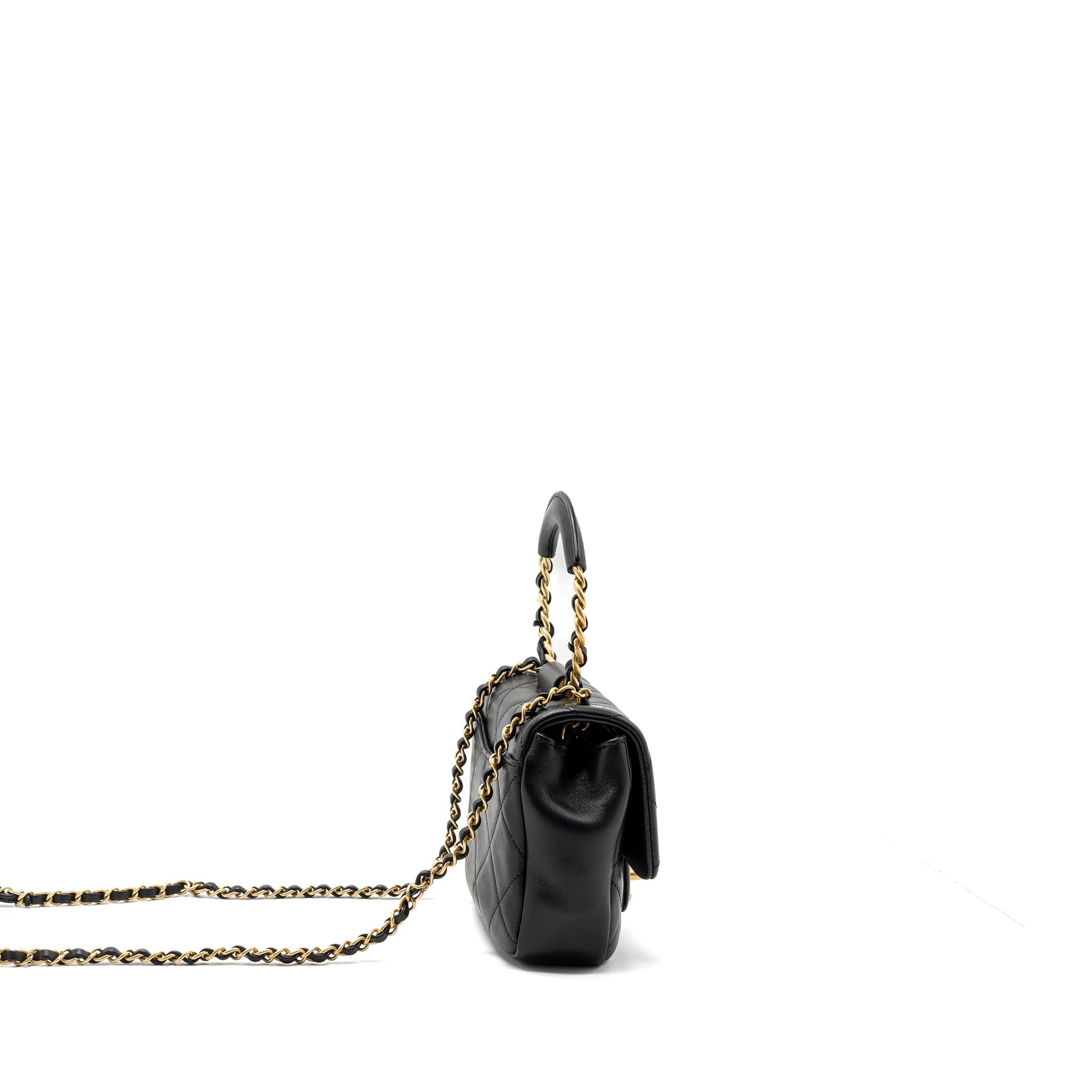 CHANEL CIRCULAR HANDLE QUILTED FLAP BAG LAMBSKIN BLACK BRUSHED GHW