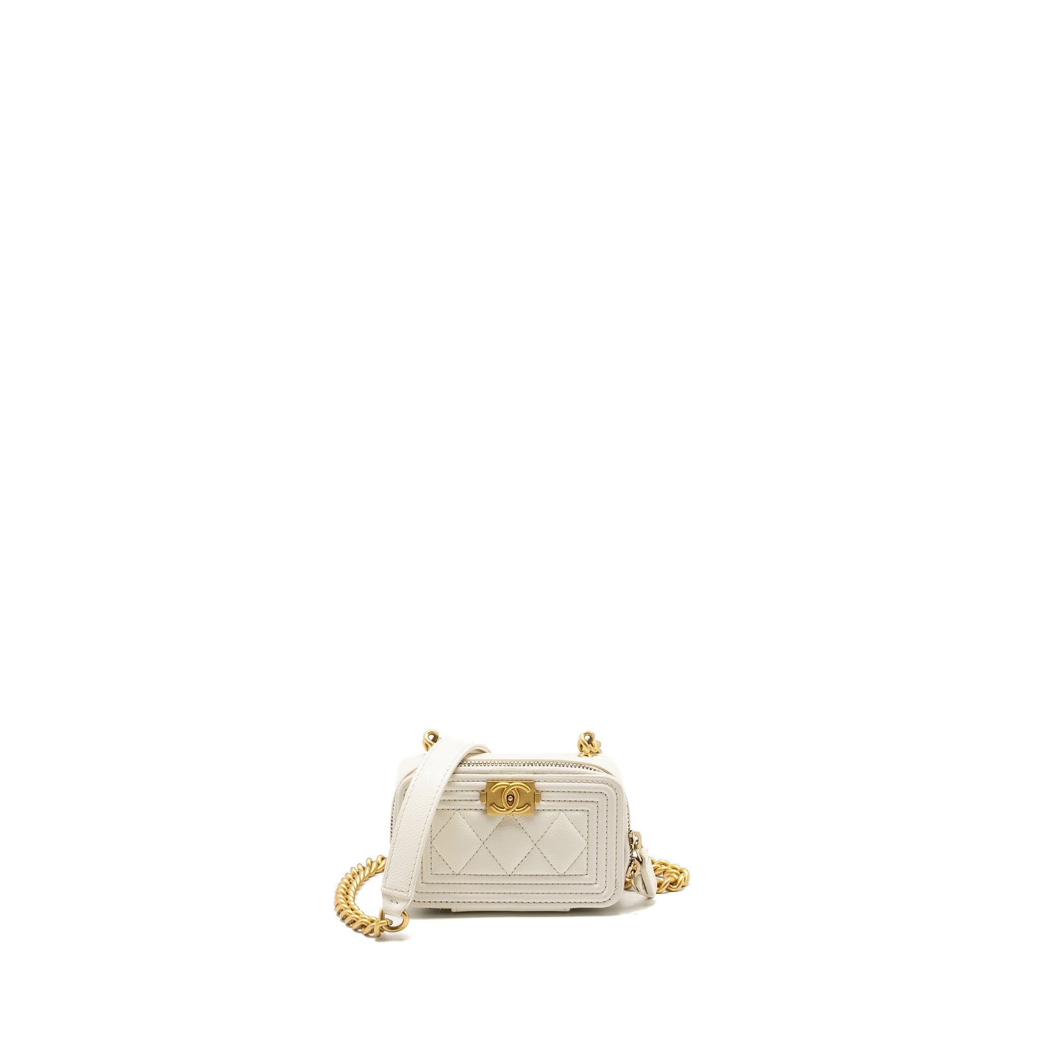 CHANEL BOY CHAIN CLUTCH CAVIAR WHITE GHW (MICROCHIP)