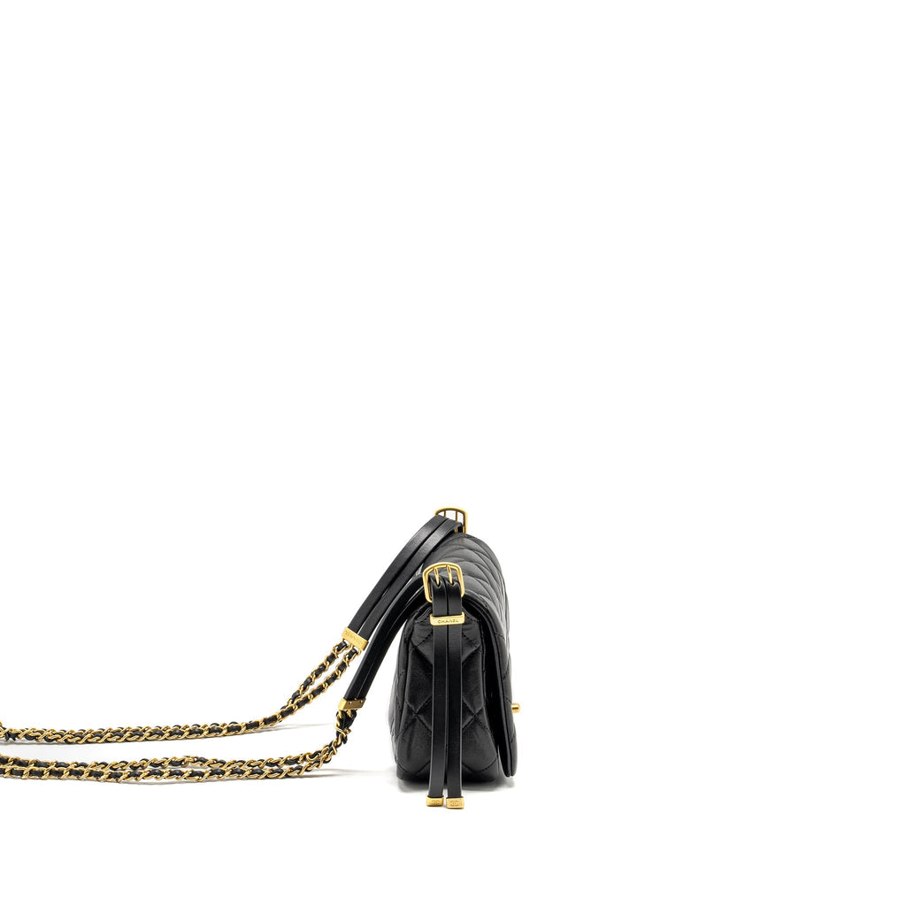 CHANEL 23B DETAIL CHAINS QUILTED FLAP BAG LAMBSKIN BLACK GHW(MICROCHIP)