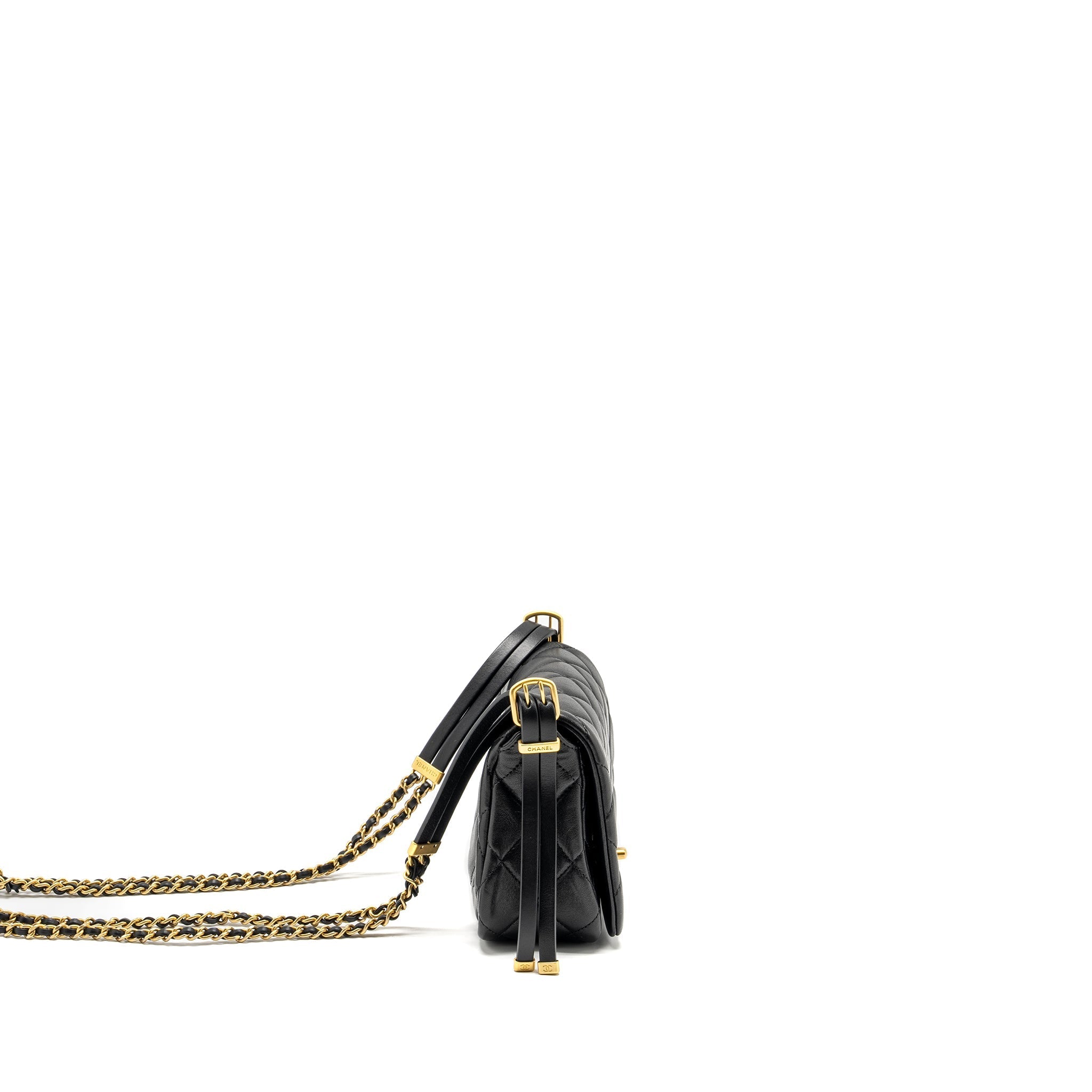 CHANEL 23B DETAIL CHAINS QUILTED FLAP BAG LAMBSKIN BLACK GHW(MICROCHIP)