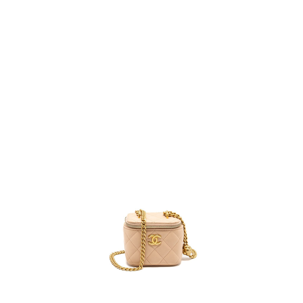 CHANEL MINI VANITY CASE WITH CAMELLIA ADJUSTABLE CHAIN LAMBSKIN BEIGE GHW (MICROCHIP)