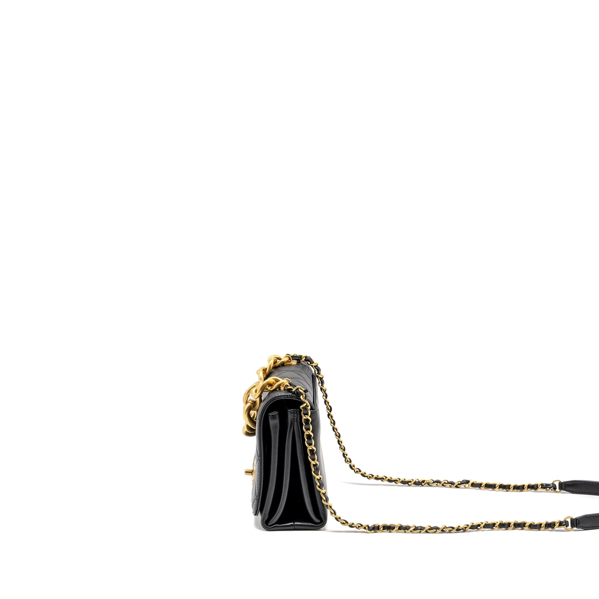 CHANEL SEASONAL FLAP BAG GIANT CHAIN HANDLE WITH PEARL CALFSKIN BLACK BRUSH GHW (MICROCHIP)