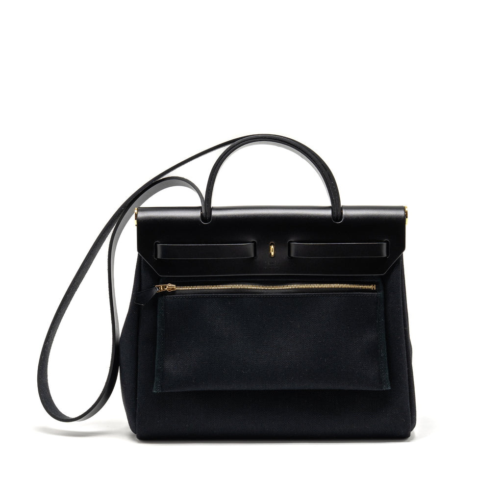 HERMES HERBAG 31 ZIP BAG CANVAS/ HUNTER LEATHER BLACK GHW