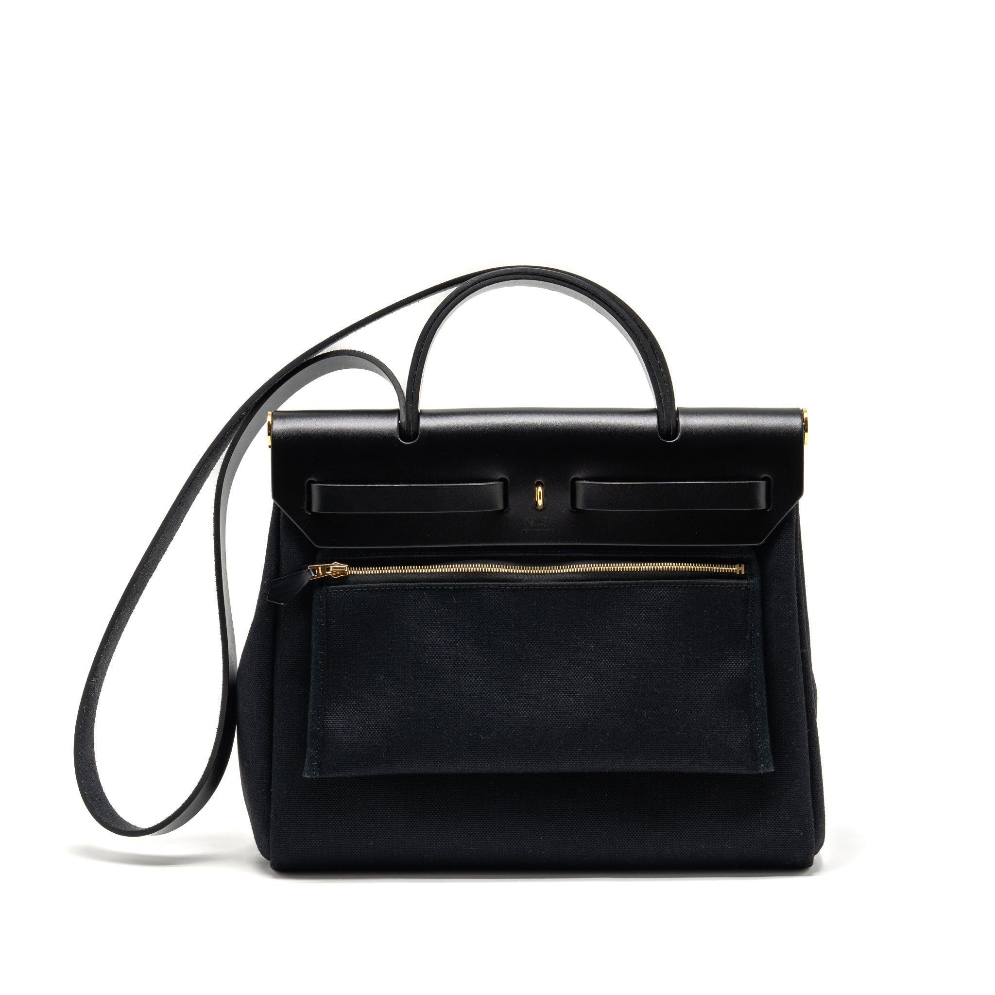 HERMES HERBAG 31 ZIP BAG CANVAS/ HUNTER LEATHER BLACK GHW