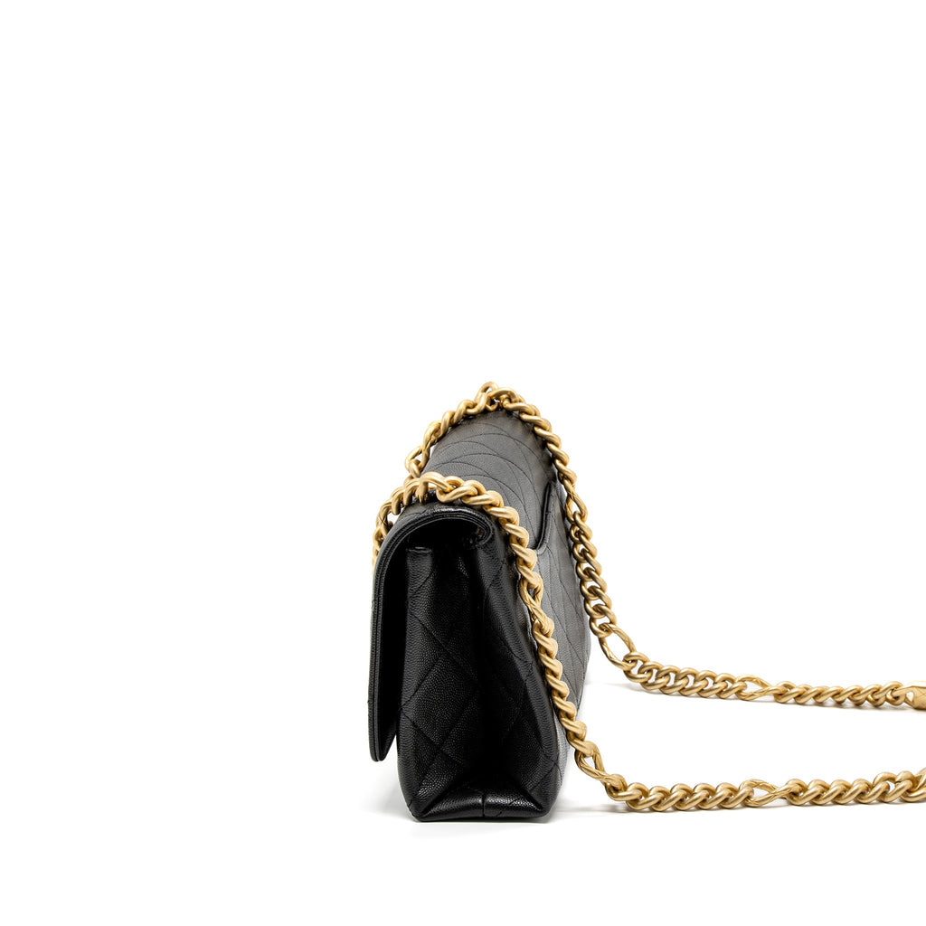 CHANEL FLAP BAG WITH DETAIL CHAIN GRAINED CALFSKIN BLACK BRUSHED GHW (MICROCHIP)