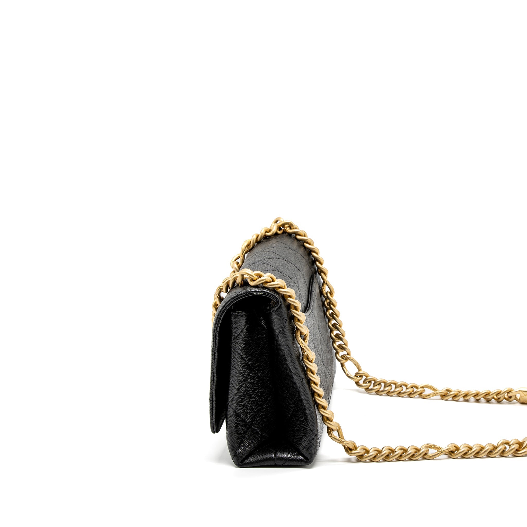 CHANEL FLAP BAG WITH DETAIL CHAIN GRAINED CALFSKIN BLACK BRUSHED GHW (MICROCHIP)