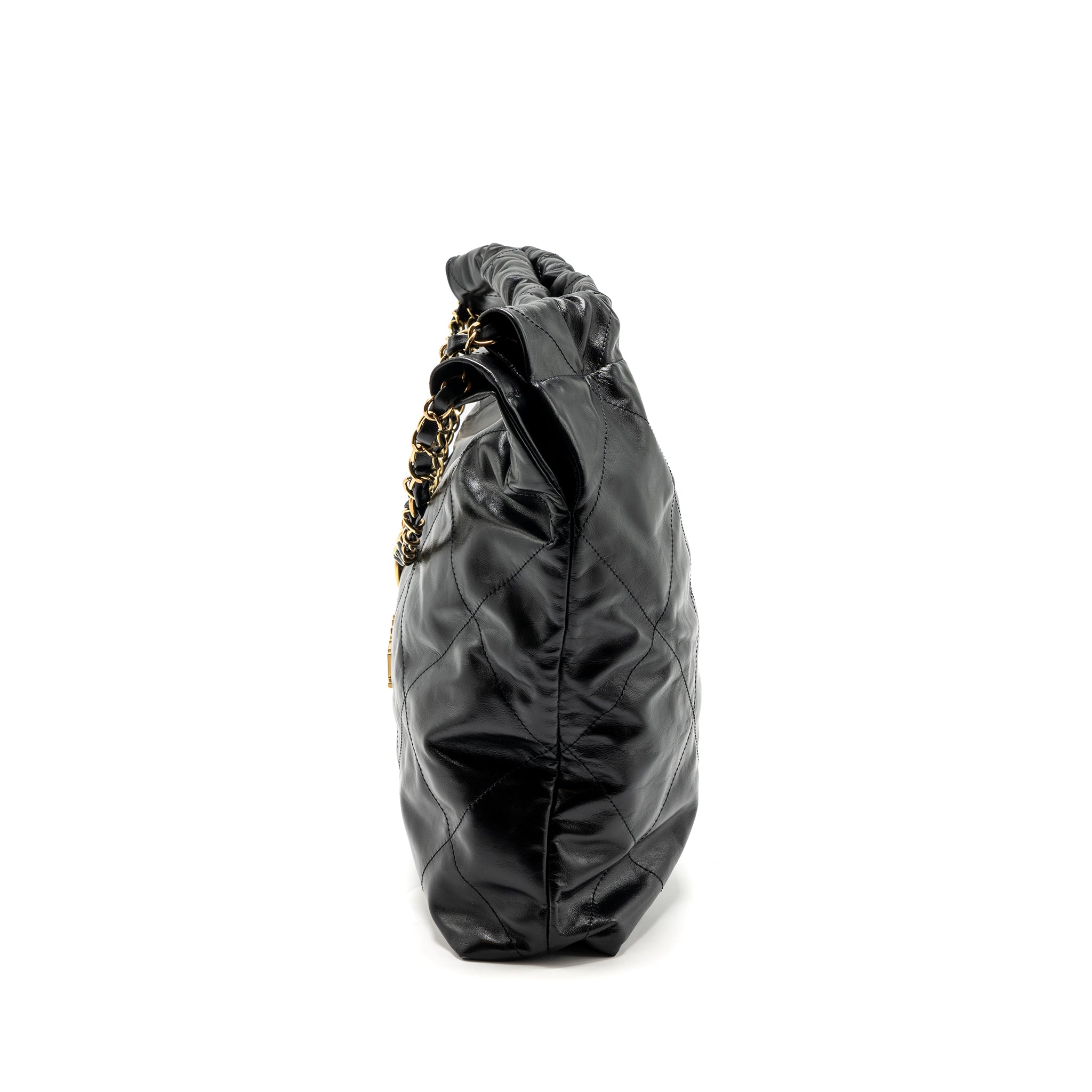 CHANEL MEDIUM 22 BAG GOLD LETTER SHINY CALFSKIN BLACK GHW (MICROCHIP)