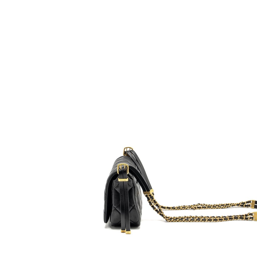 CHANEL 23B DETAIL CHAINS QUILTED FLAP BAG LAMBSKIN BLACK GHW(MICROCHIP)