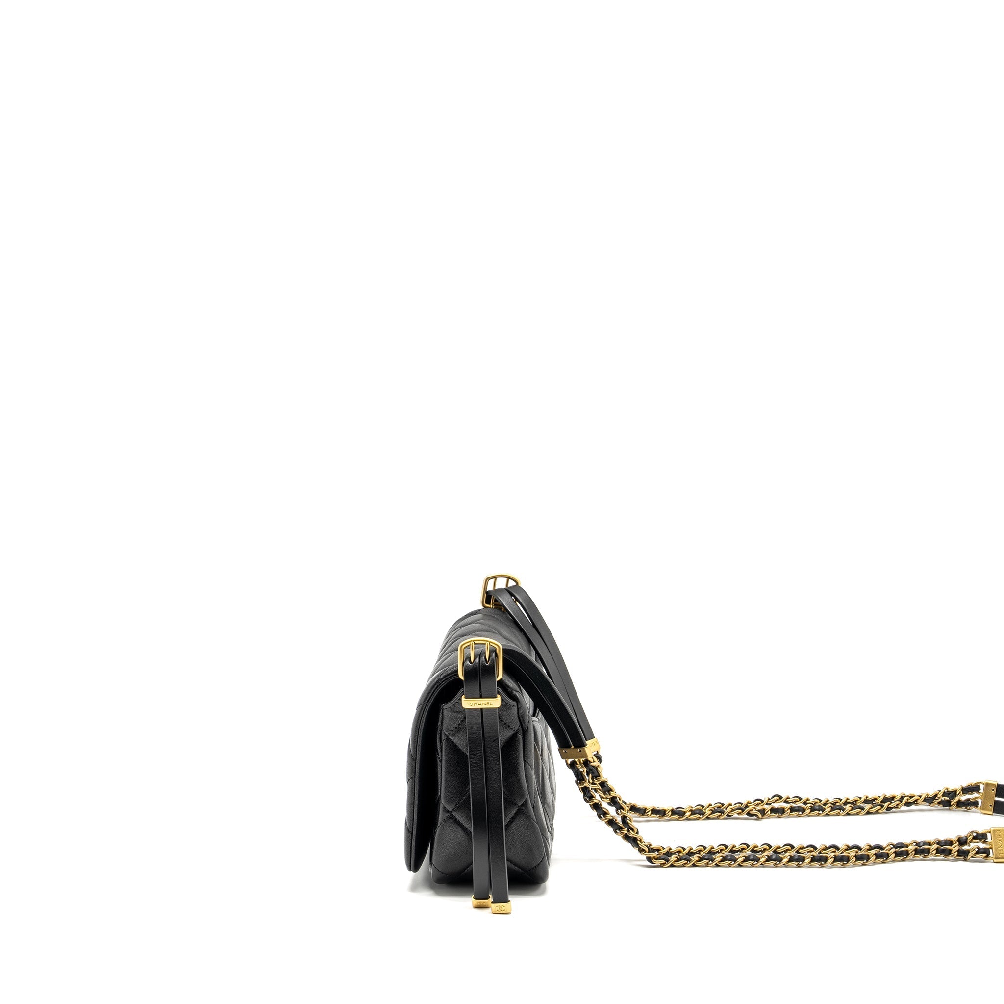 CHANEL 23B DETAIL CHAINS QUILTED FLAP BAG LAMBSKIN BLACK GHW(MICROCHIP)